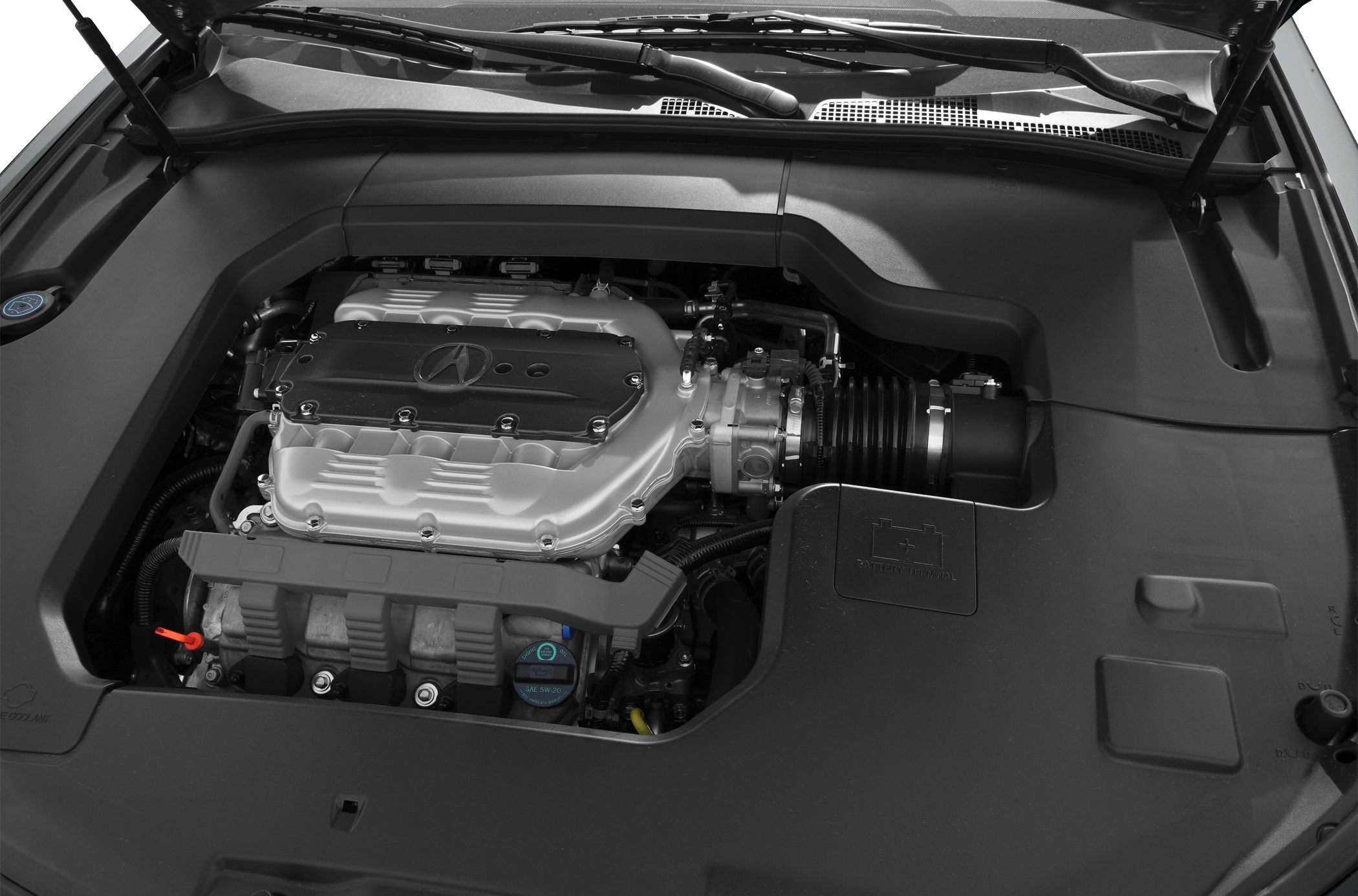 Close-up of engine bay with Acura V6 engine featuring logo on engine cover