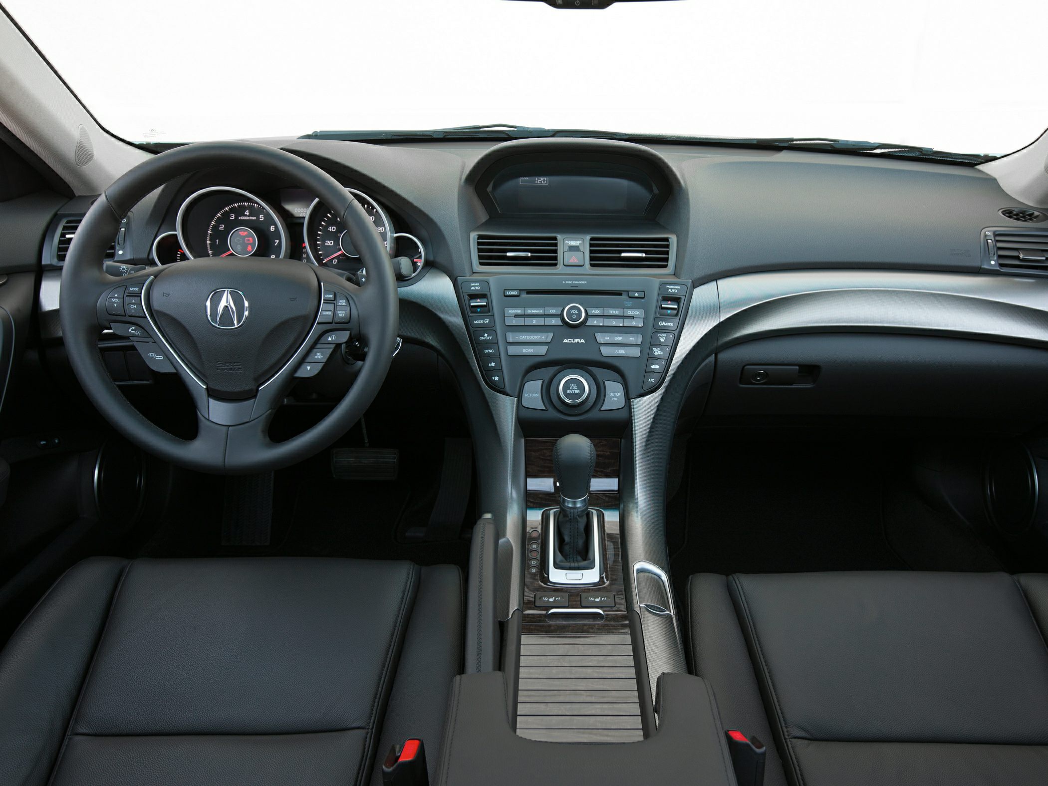 Steering wheel and center console of a modern sedan interior