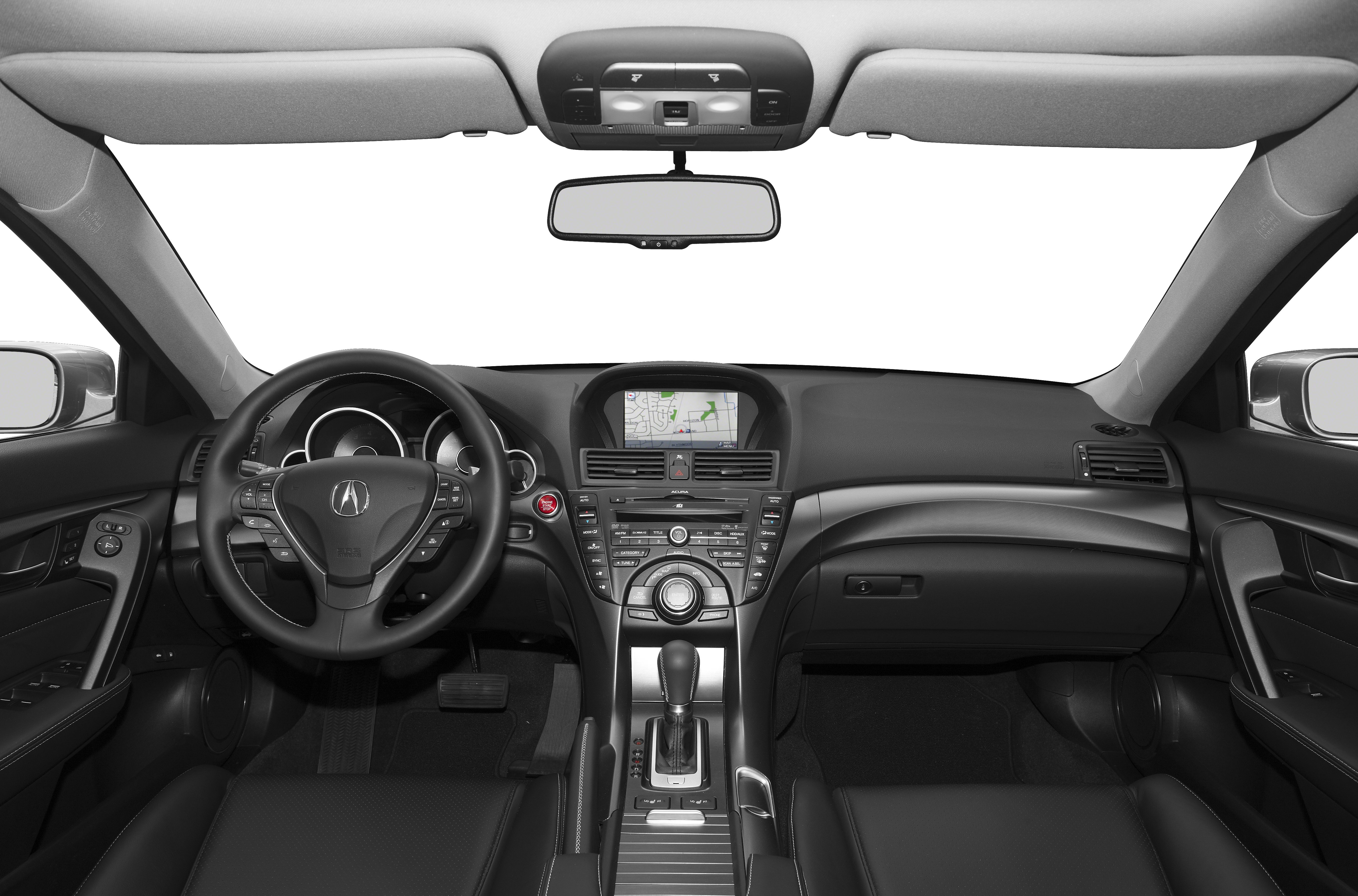 Dashboard, steering wheel, and center console with infotainment screen