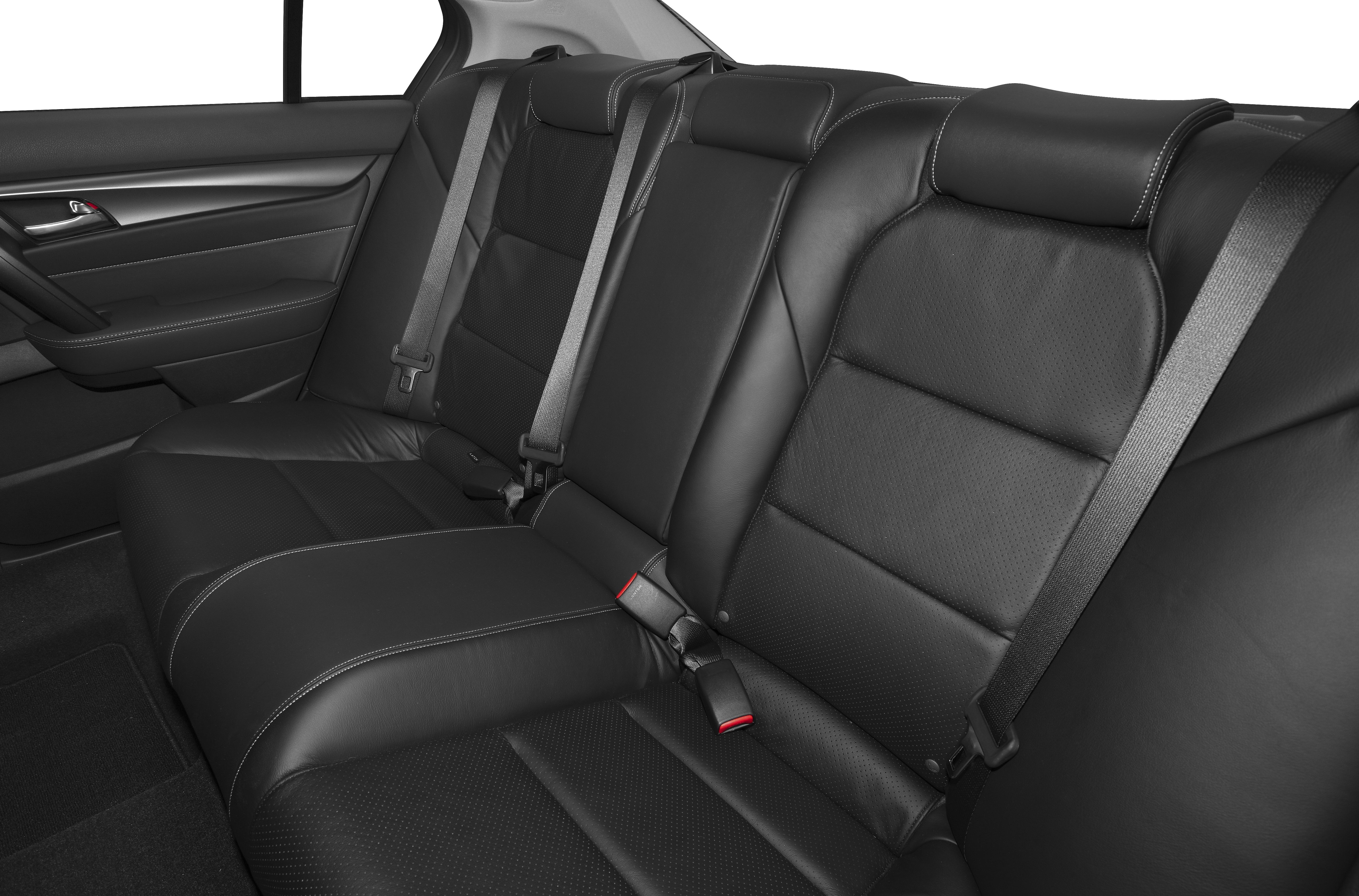 Black leather rear seats with seatbelts and detailed stitching