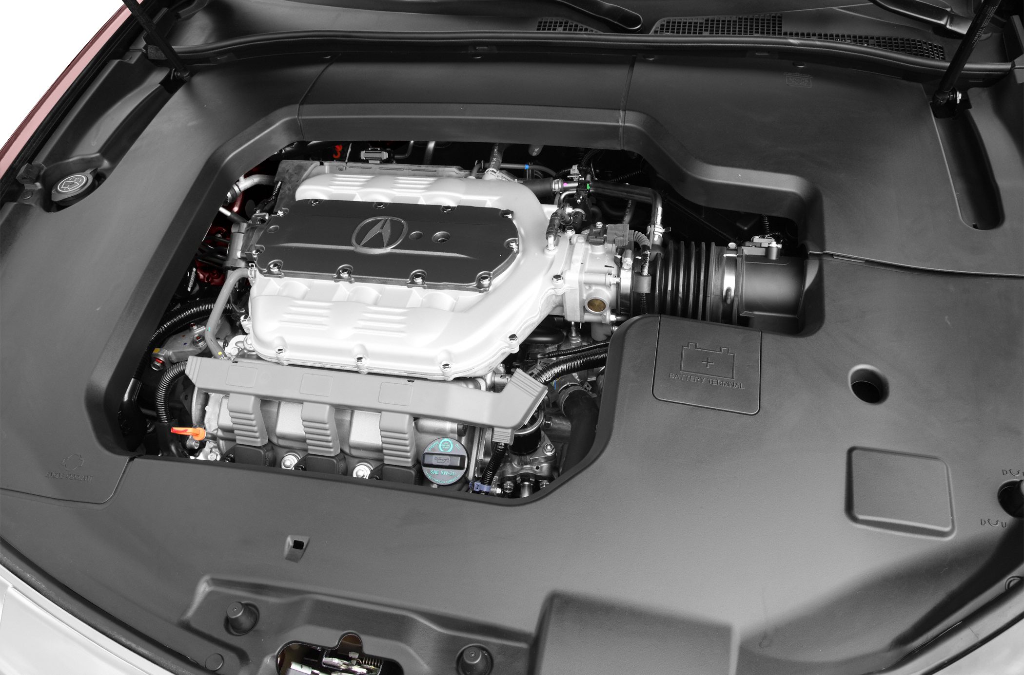 Engine bay with Acura-branded valve cover and intake system