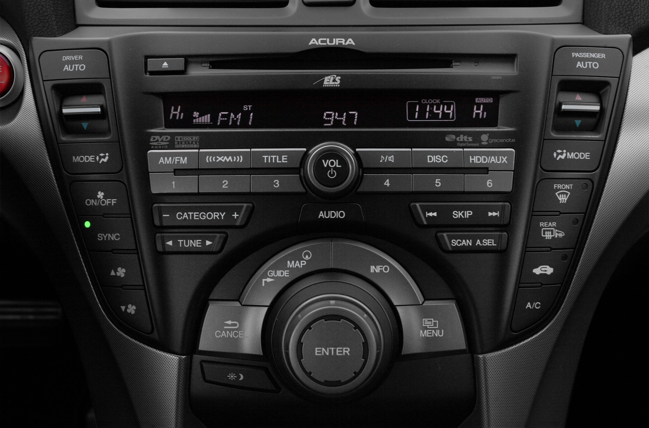 Center console with audio system and climate controls