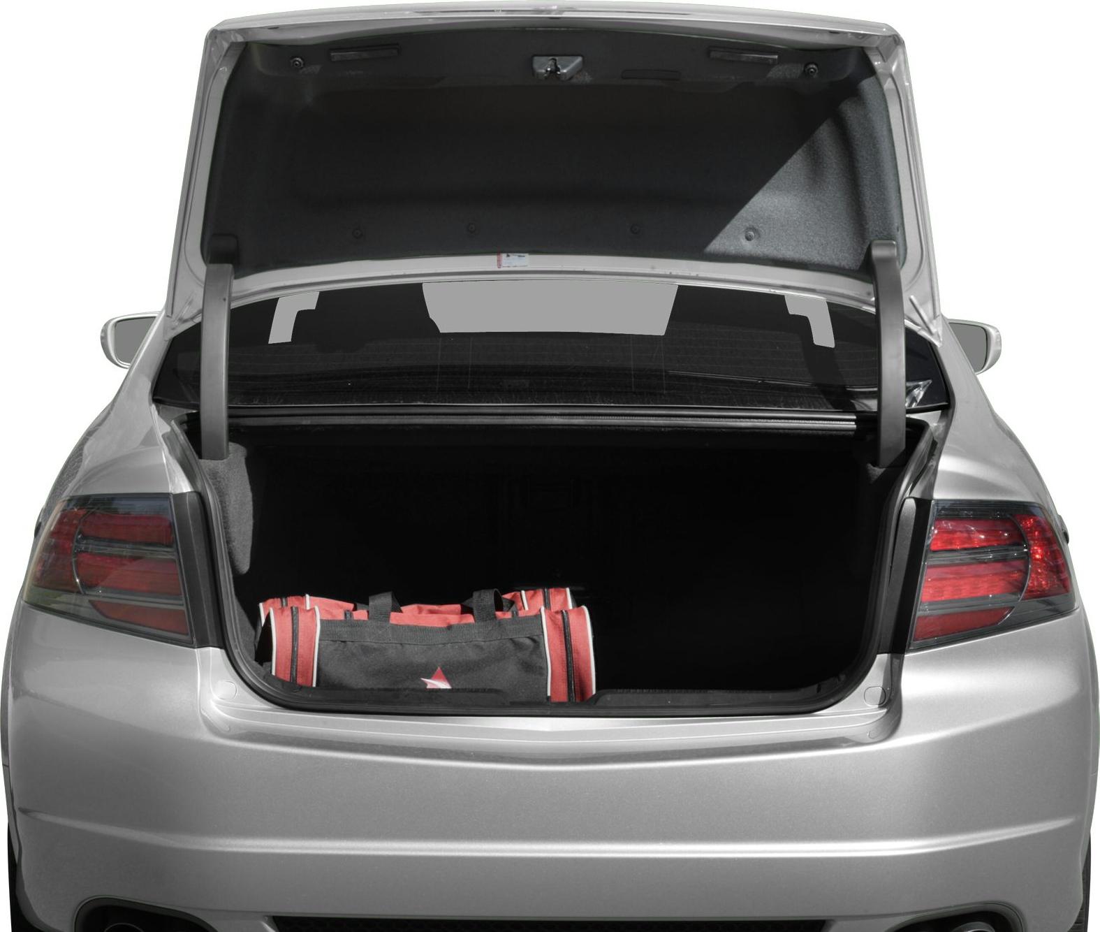 Open car trunk with red duffle bag inside