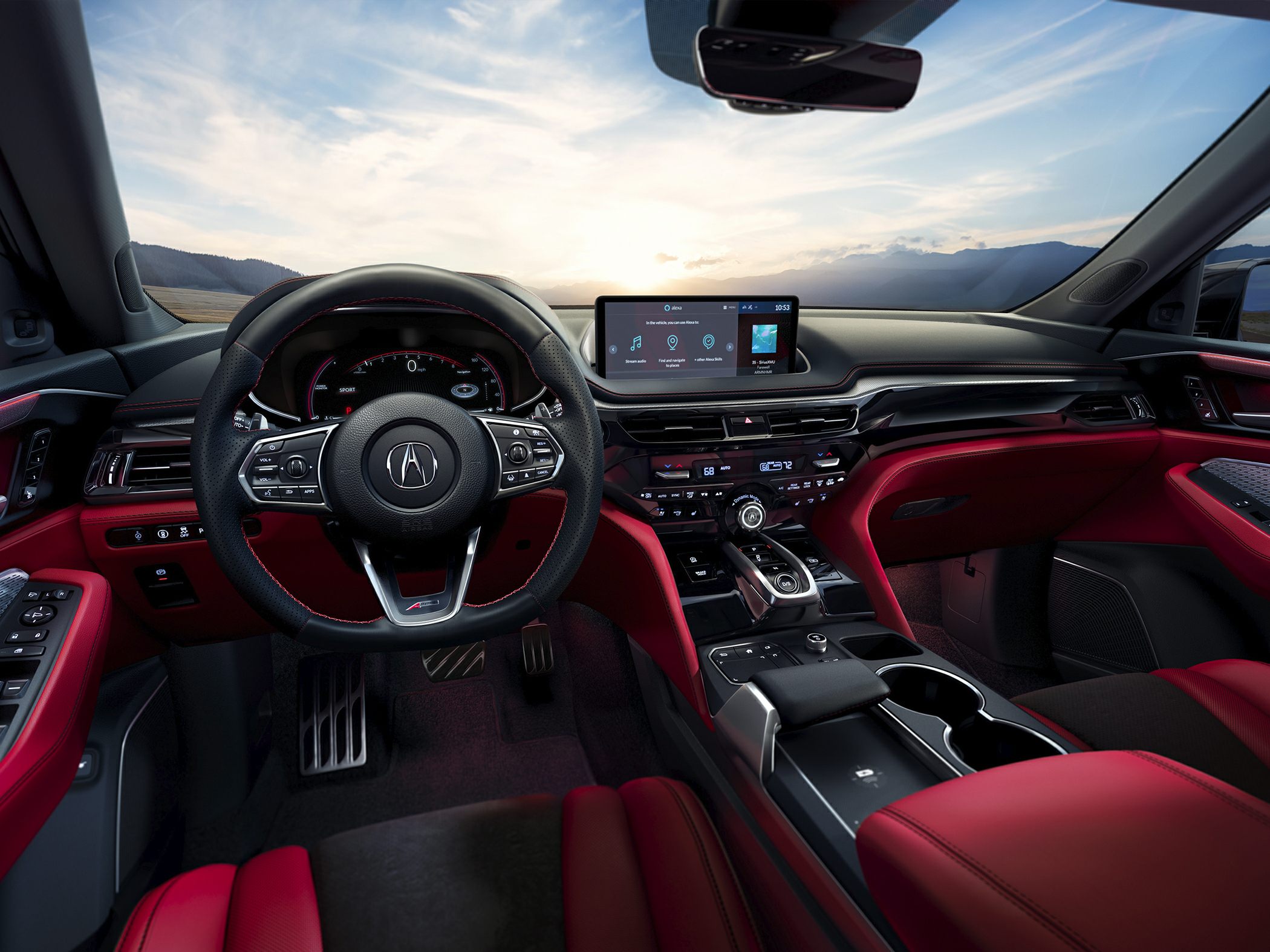 Modern dashboard, digital instrument cluster, infotainment screen, and red leather interior.