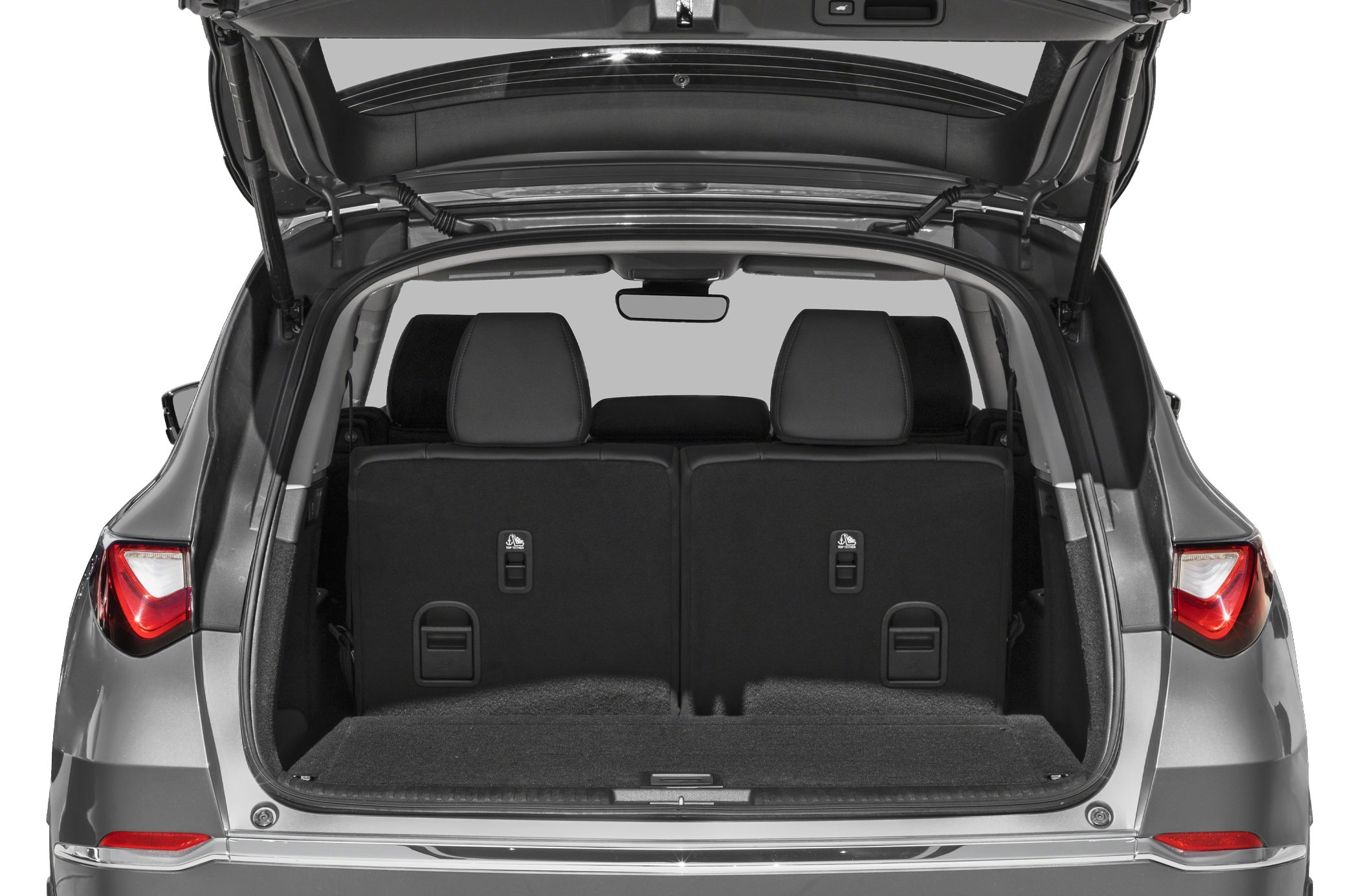 Open trunk rear cargo space with third-row seats upright