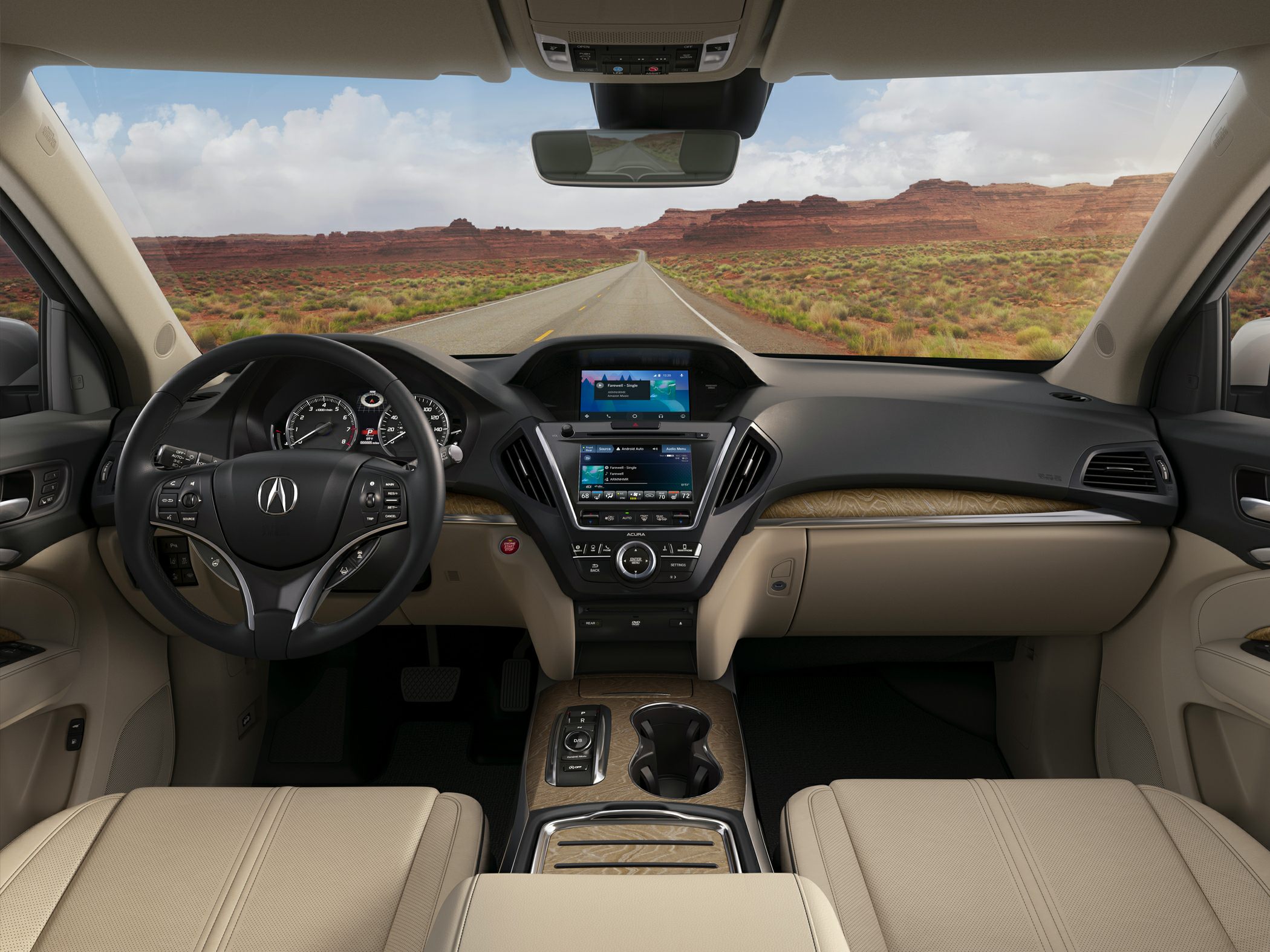 Dual touchscreen infotainment, beige leather seats, wood trim dashboard