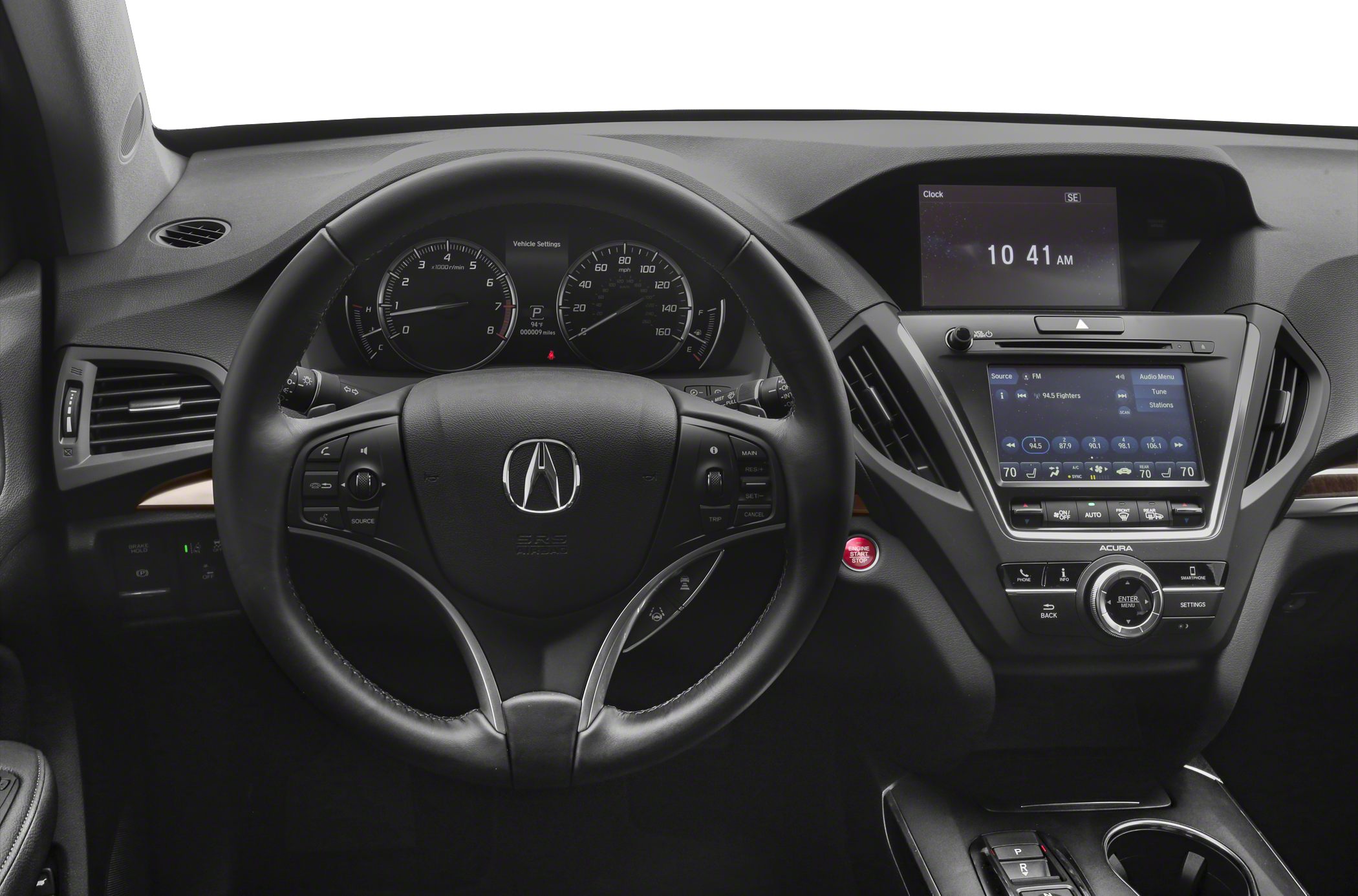 Steering wheel and dashboard with digital instrument cluster and infotainment controls