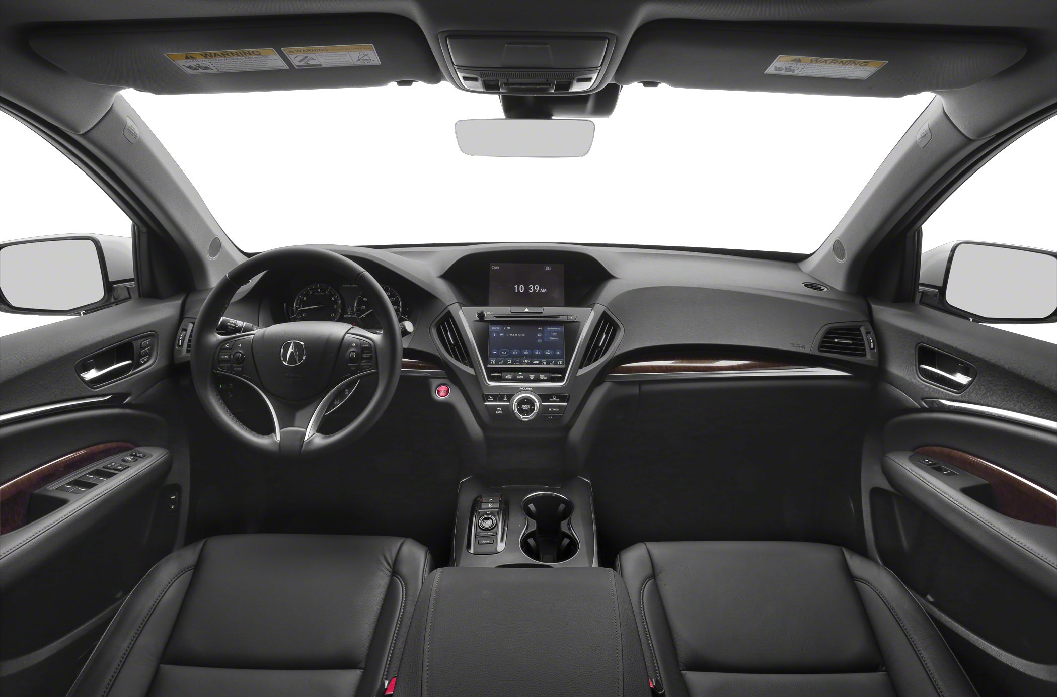 Interior view with dashboard, steering wheel, and infotainment system
