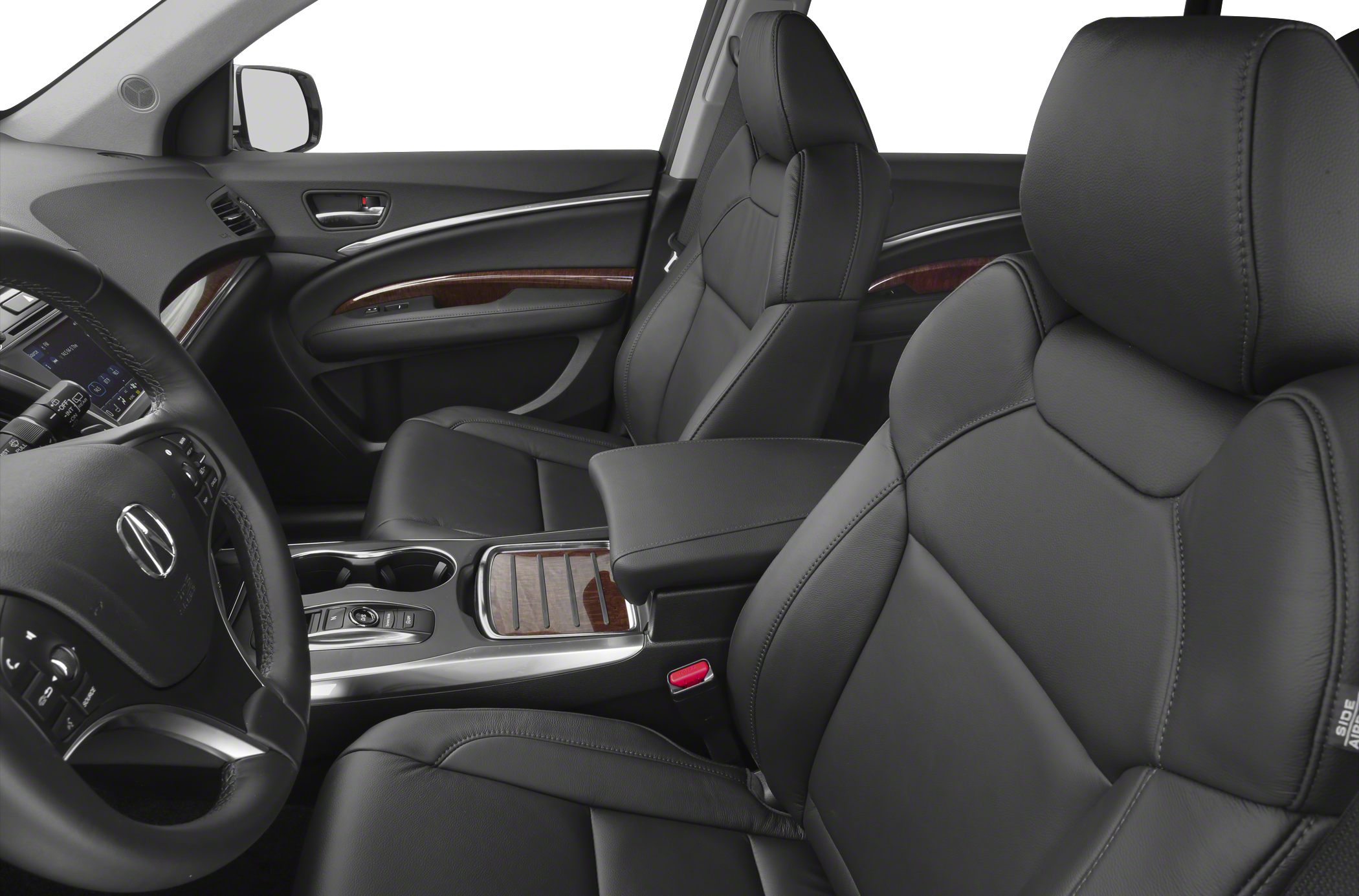 Black leather seats with wood trim and modern center console