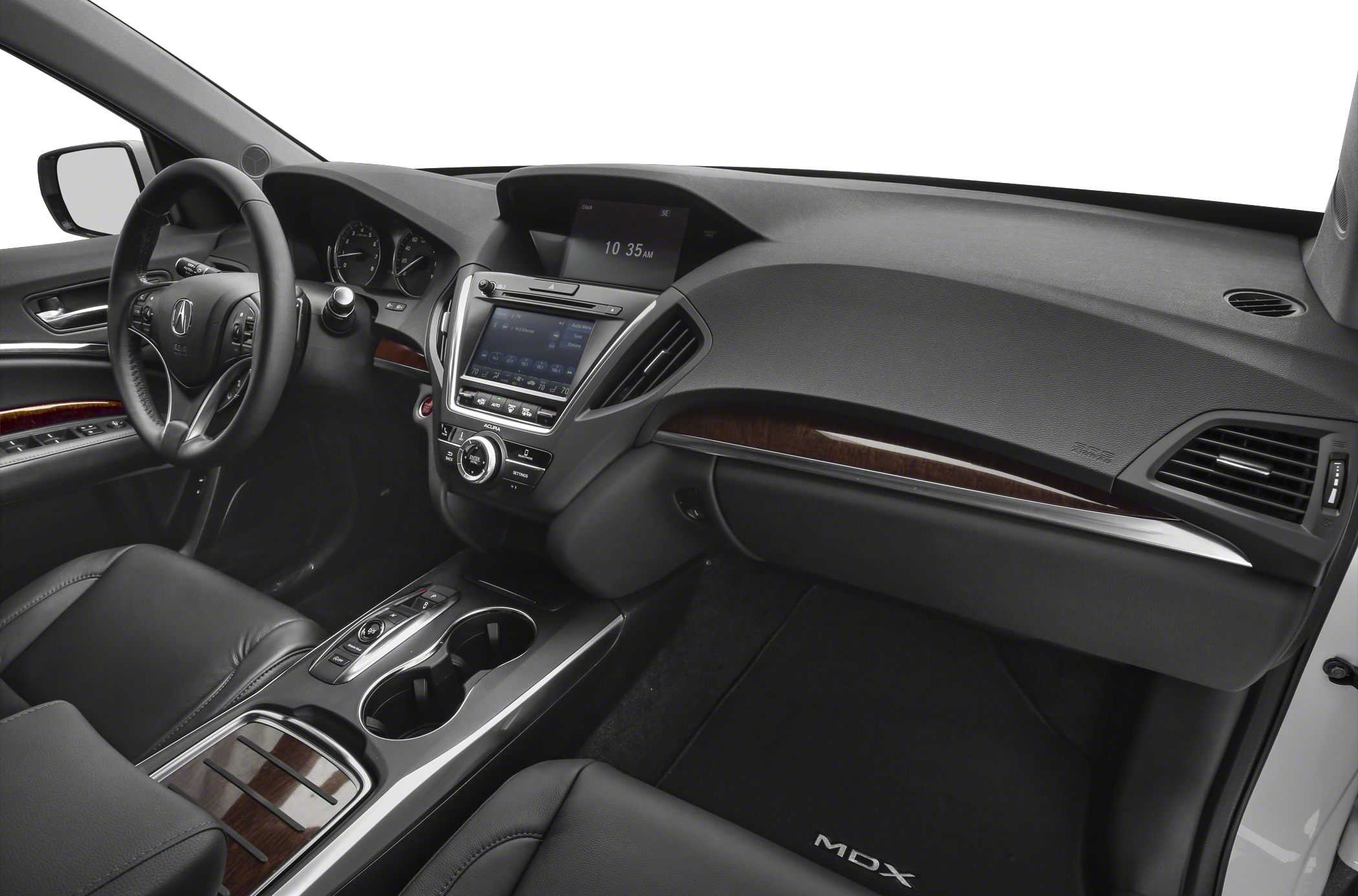 Modern dashboard and center console with wood trim and digital controls