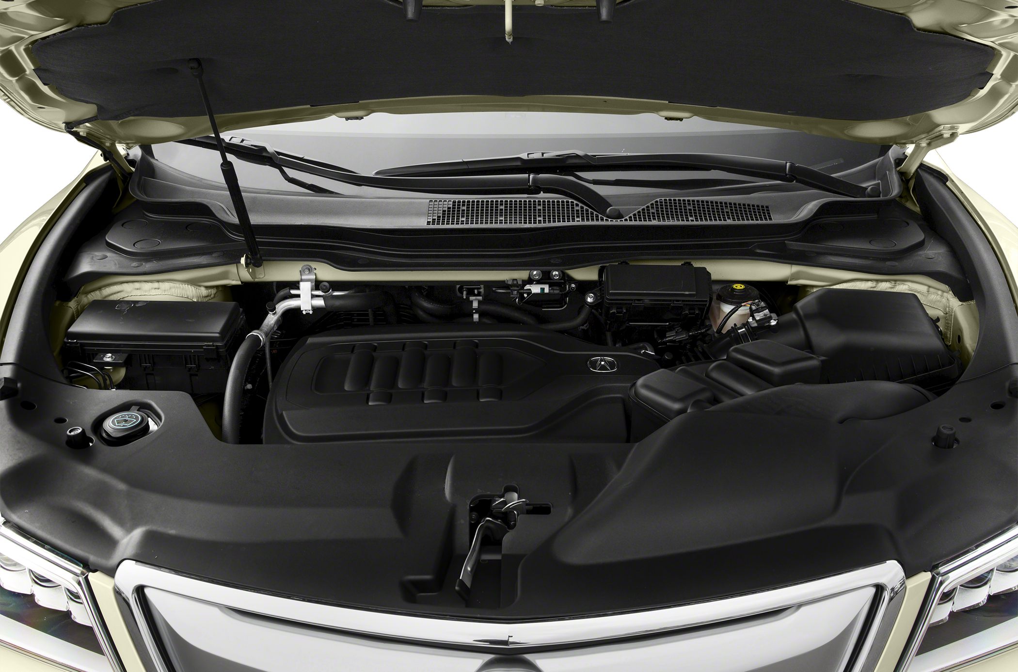 Modern SUV engine bay with covered engine and engine components