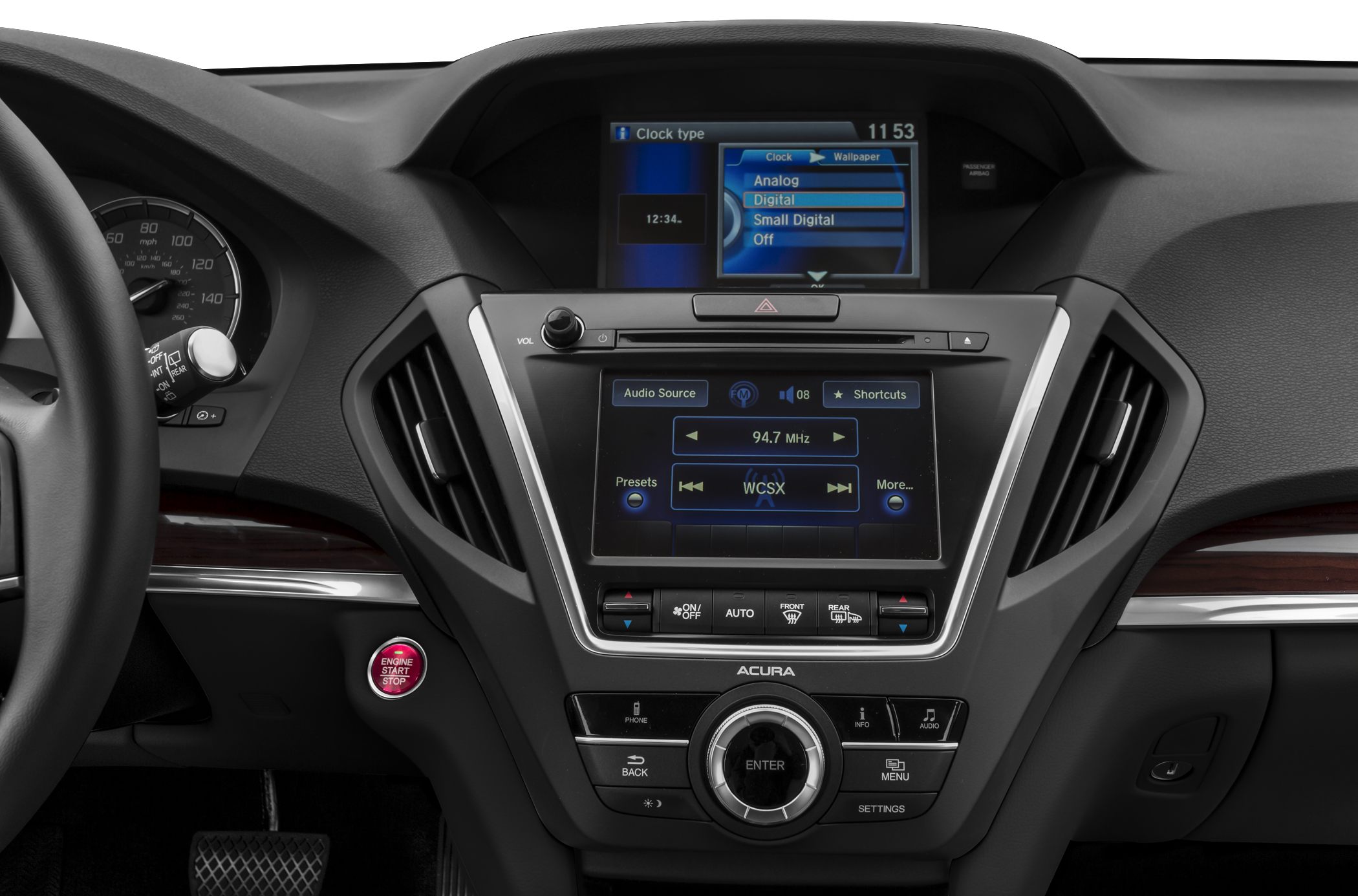 Dashboard with dual digital displays, climate controls, and engine start button