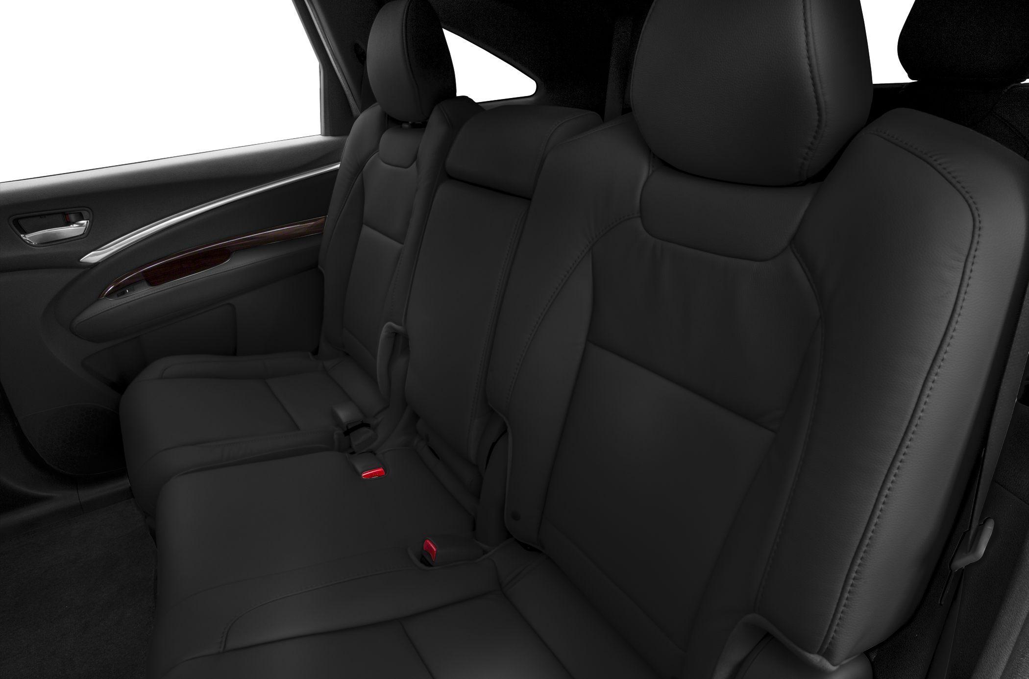 Black leather rear passenger seats with headrests and door panel