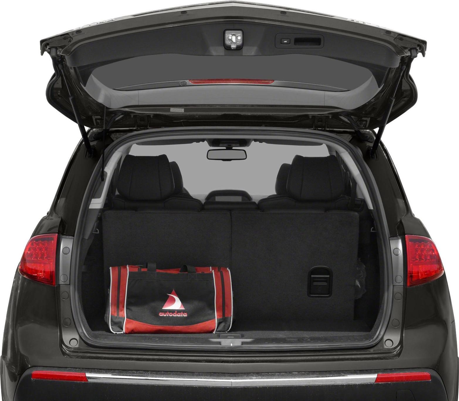 Open tailgate showing spacious SUV cargo area with seats and luggage