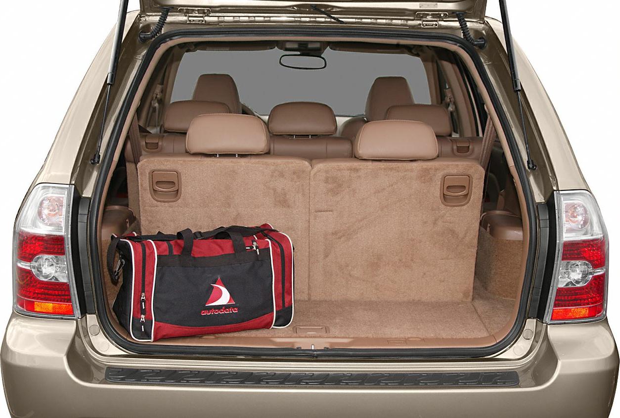 Rear cargo area with foldable seats and duffel bag