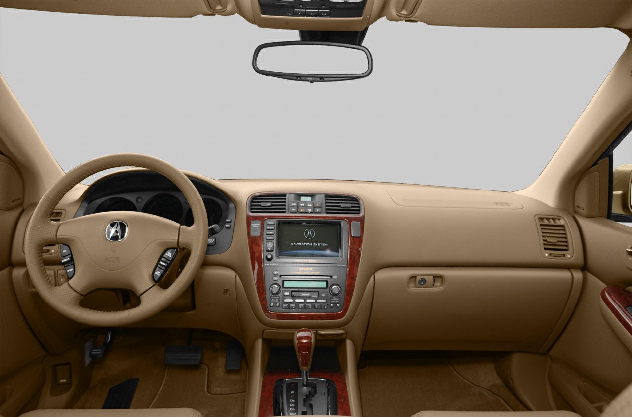 Beige dashboard with navigation and wood trim accents