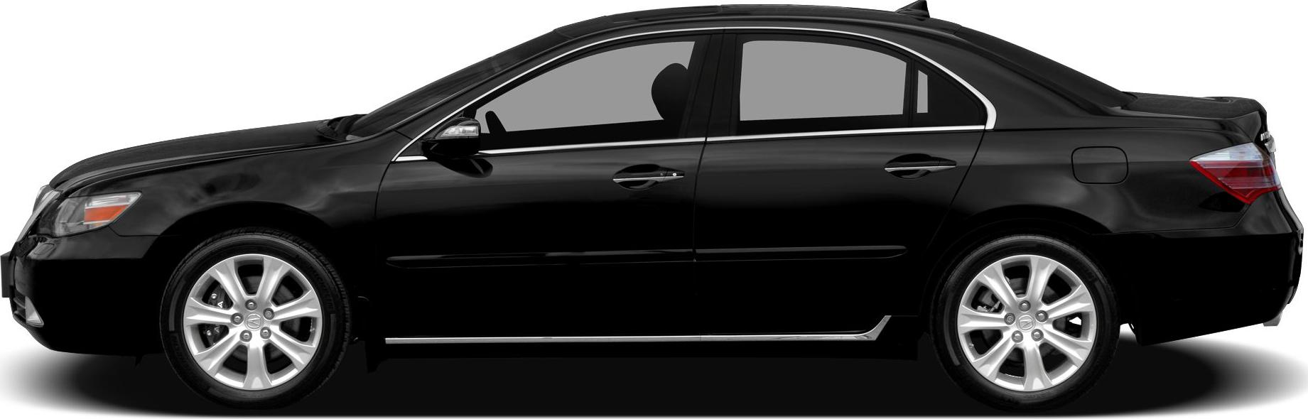 Side view of black sedan with alloy wheels and chrome trim