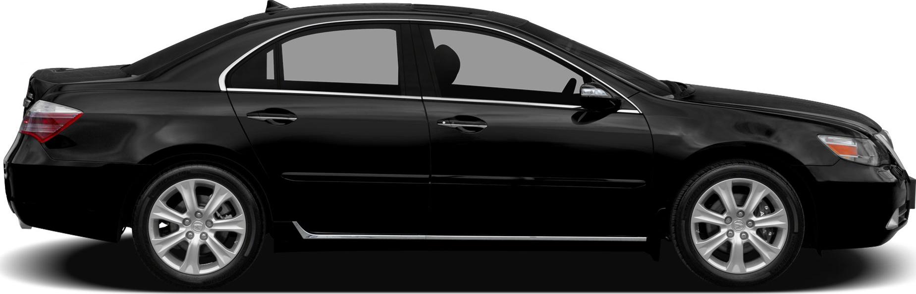 Side profile of a black sedan with alloy wheels and chrome trim