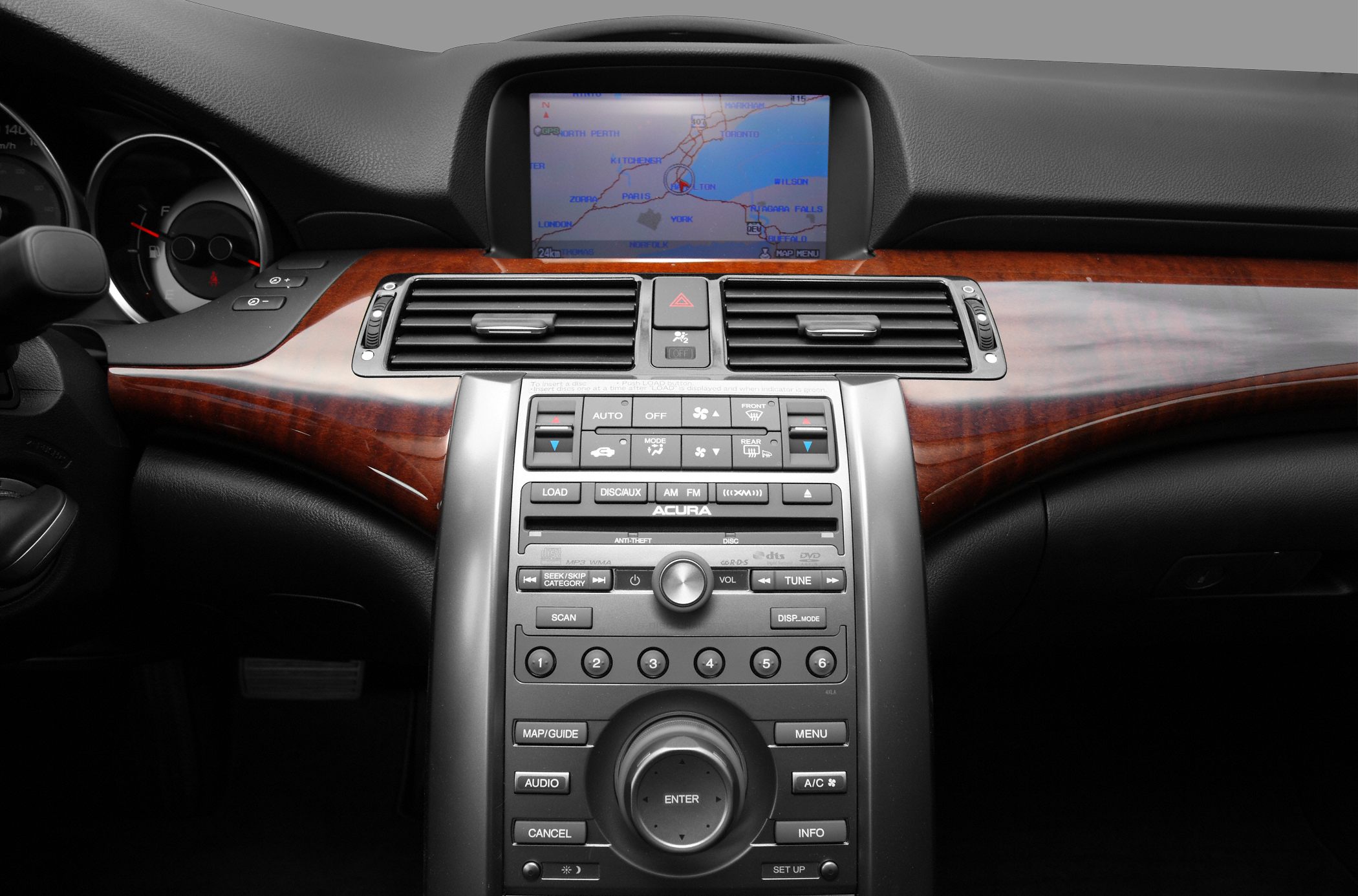 Car dashboard with navigation screen and climate control panel