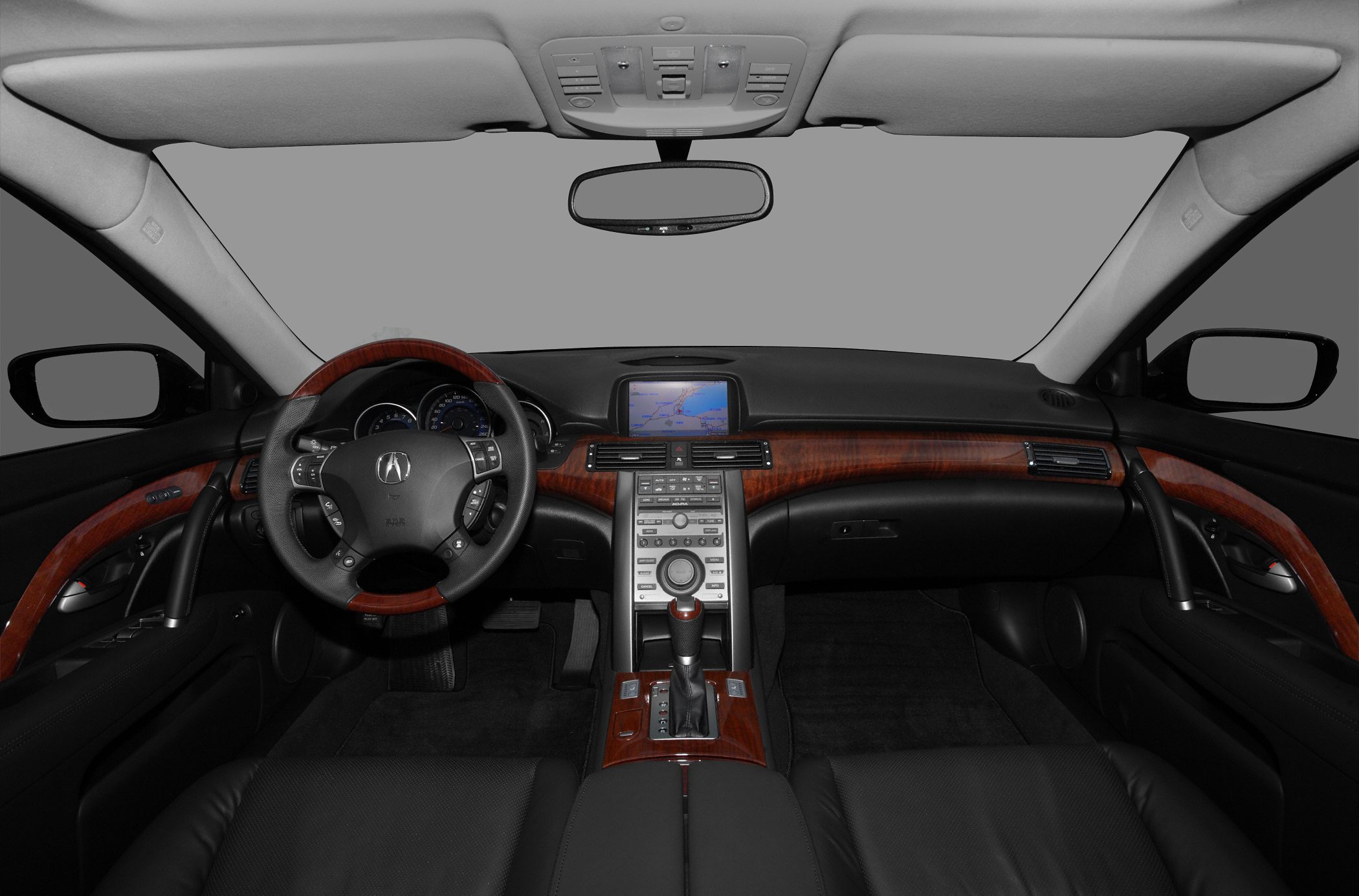 Luxury car interior with wood trim and navigation screen