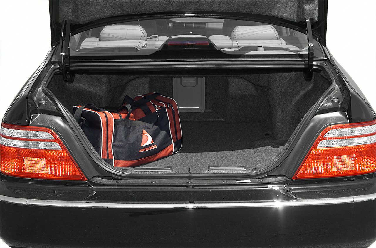 Open sedan trunk with taillights and a duffle bag inside