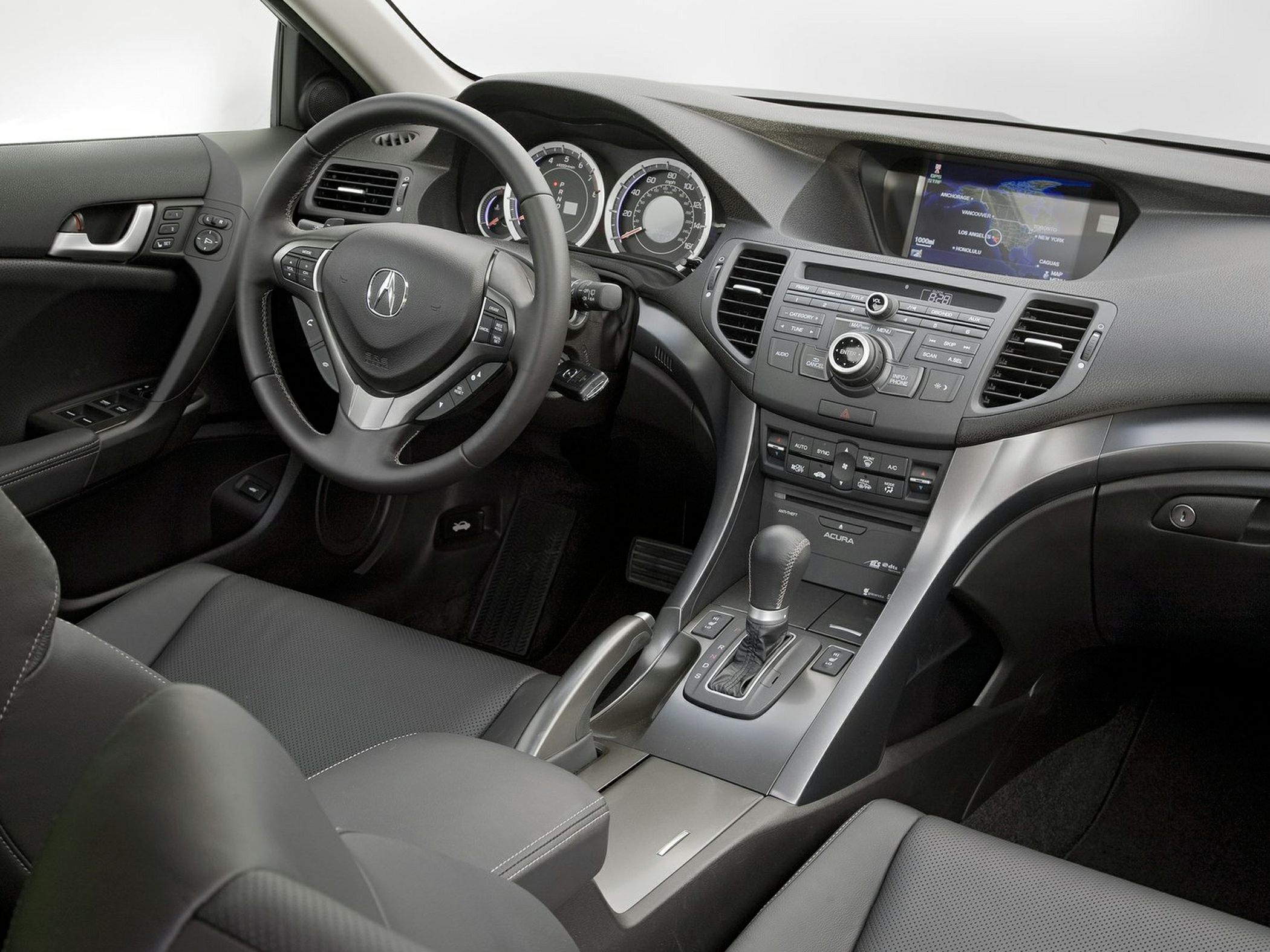 Detailed car interior cockpit with steering wheel and dashboard instruments