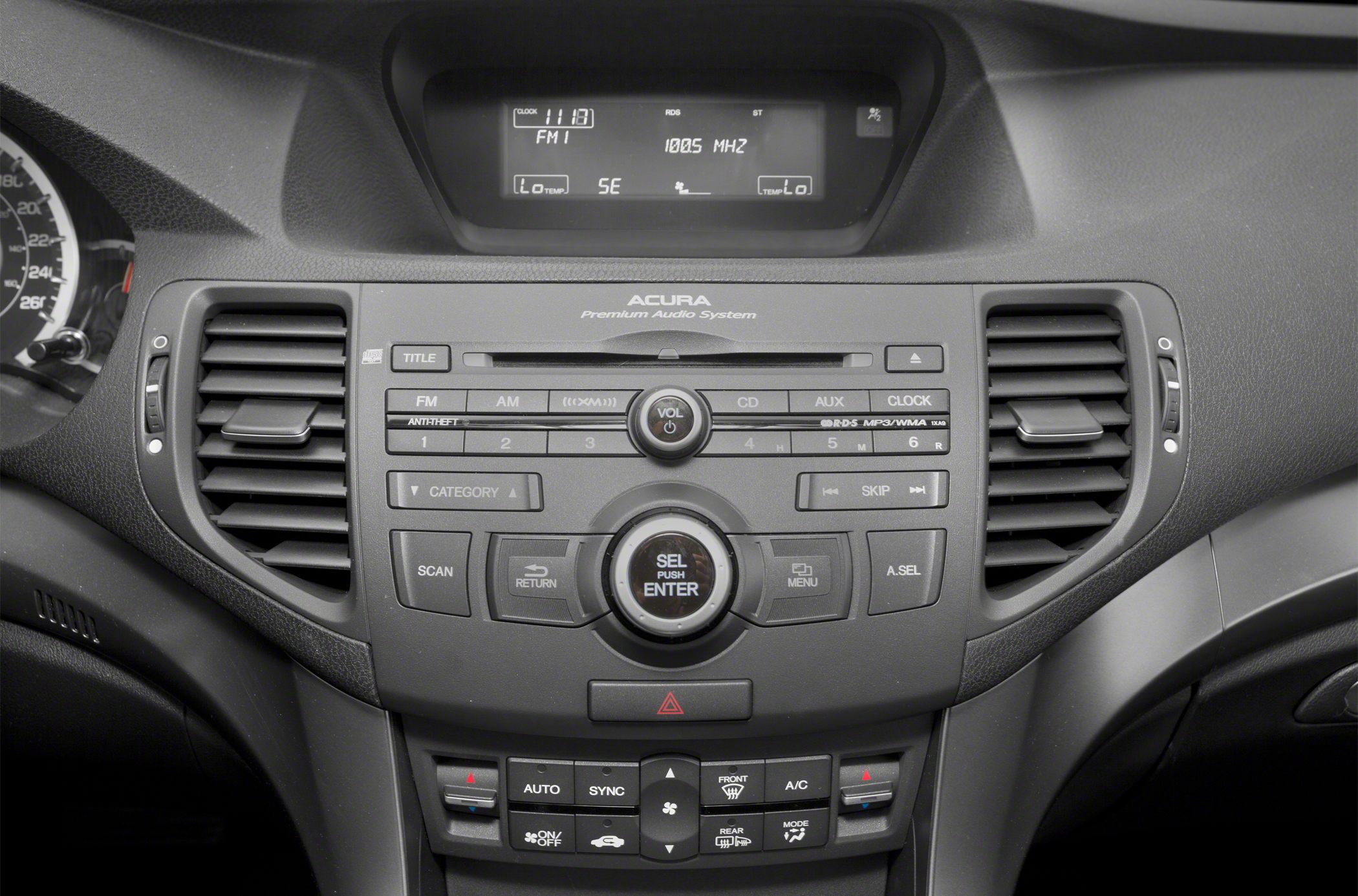Center console with premium audio controls and climate control buttons