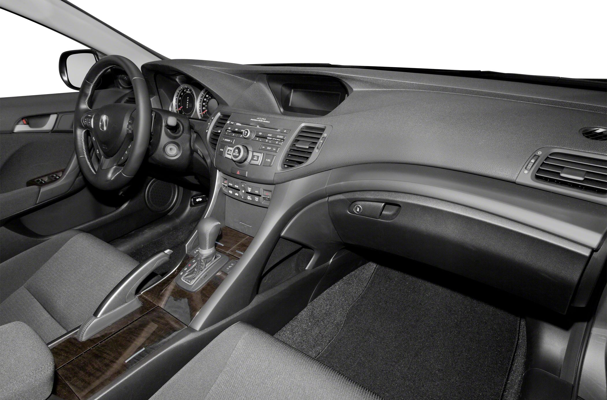 Interior dashboard, center console, and steering wheel design