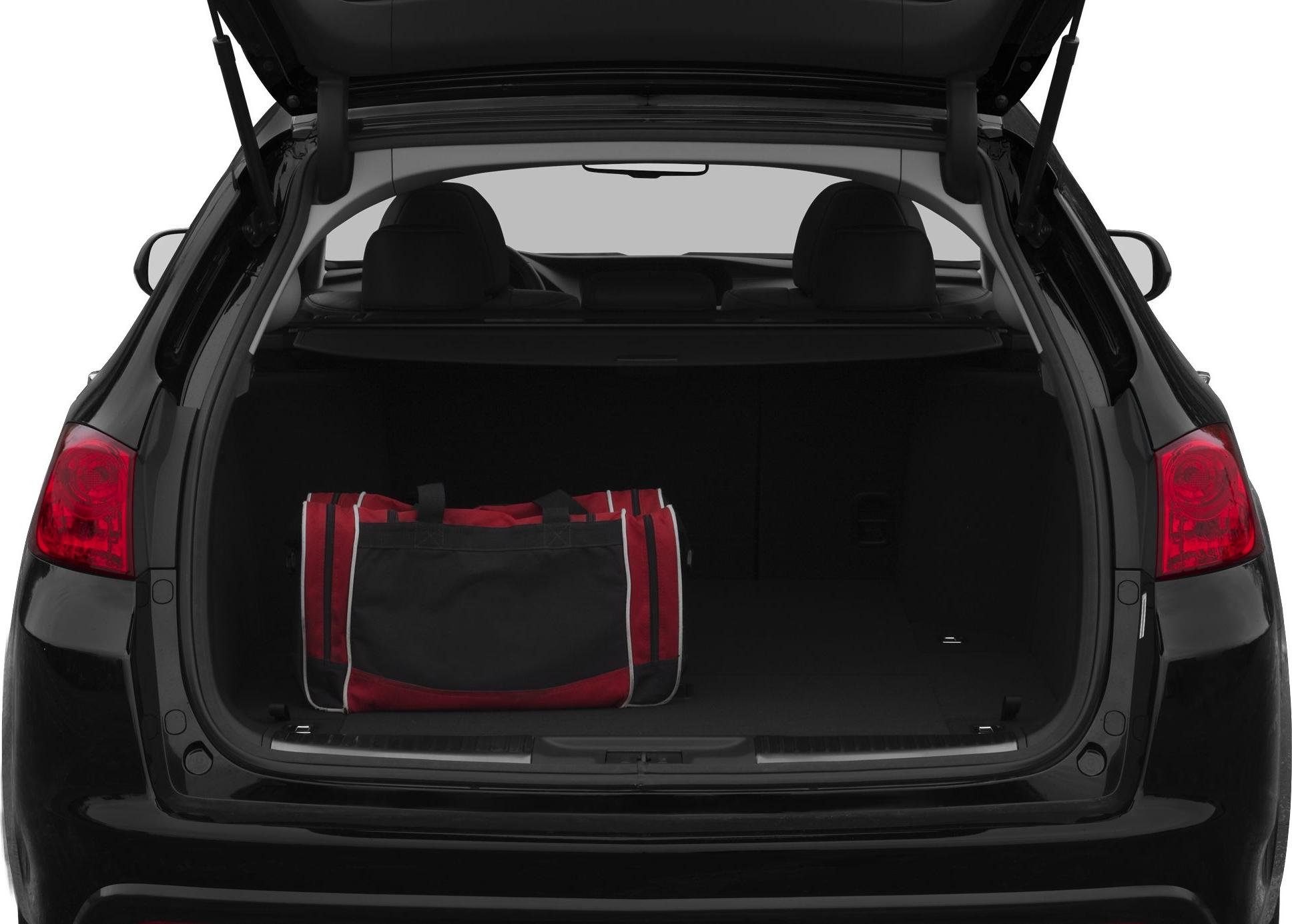 Open rear trunk with a red and black bag inside
