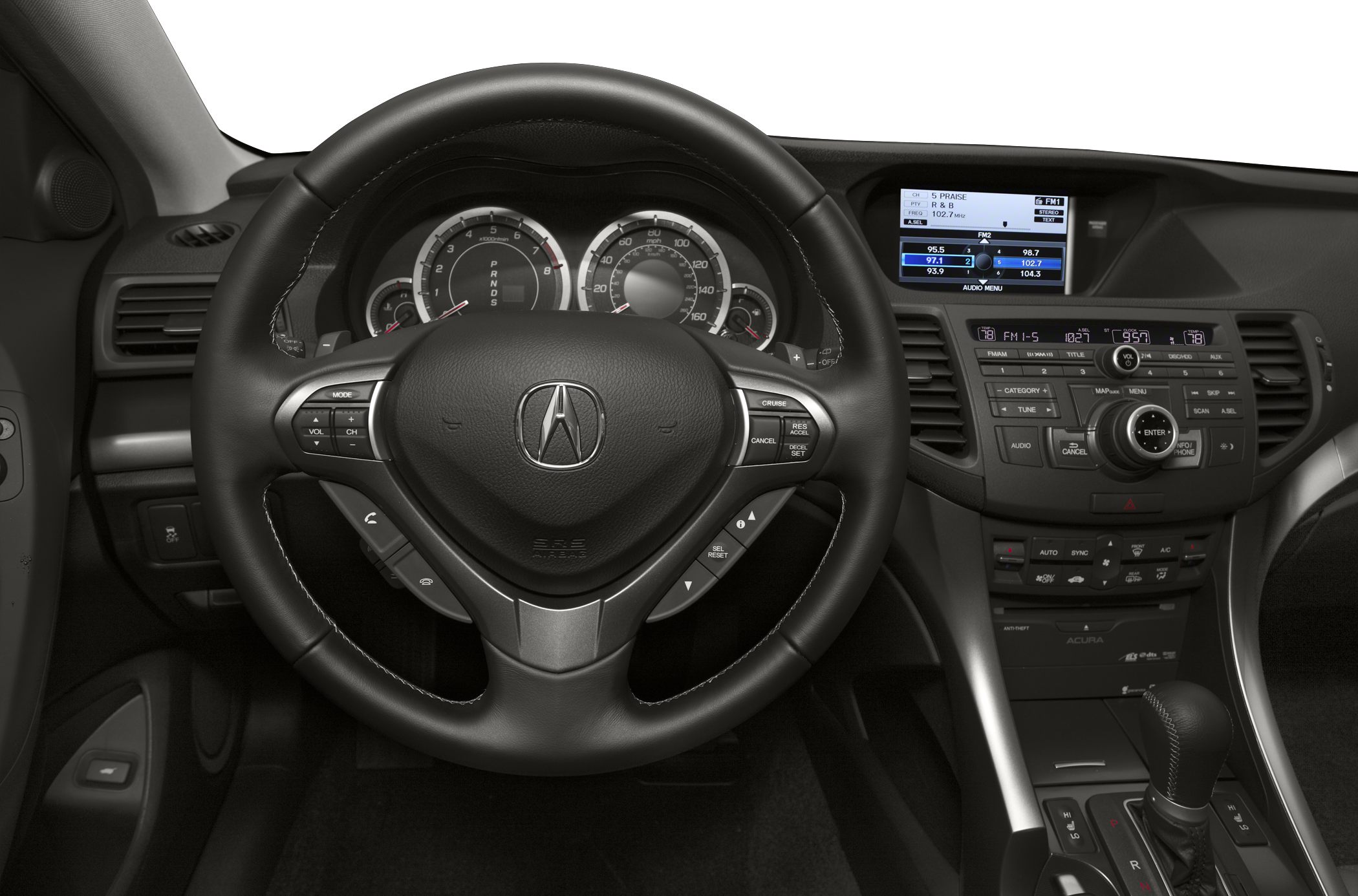 Car steering wheel and dashboard with instrument cluster and control buttons