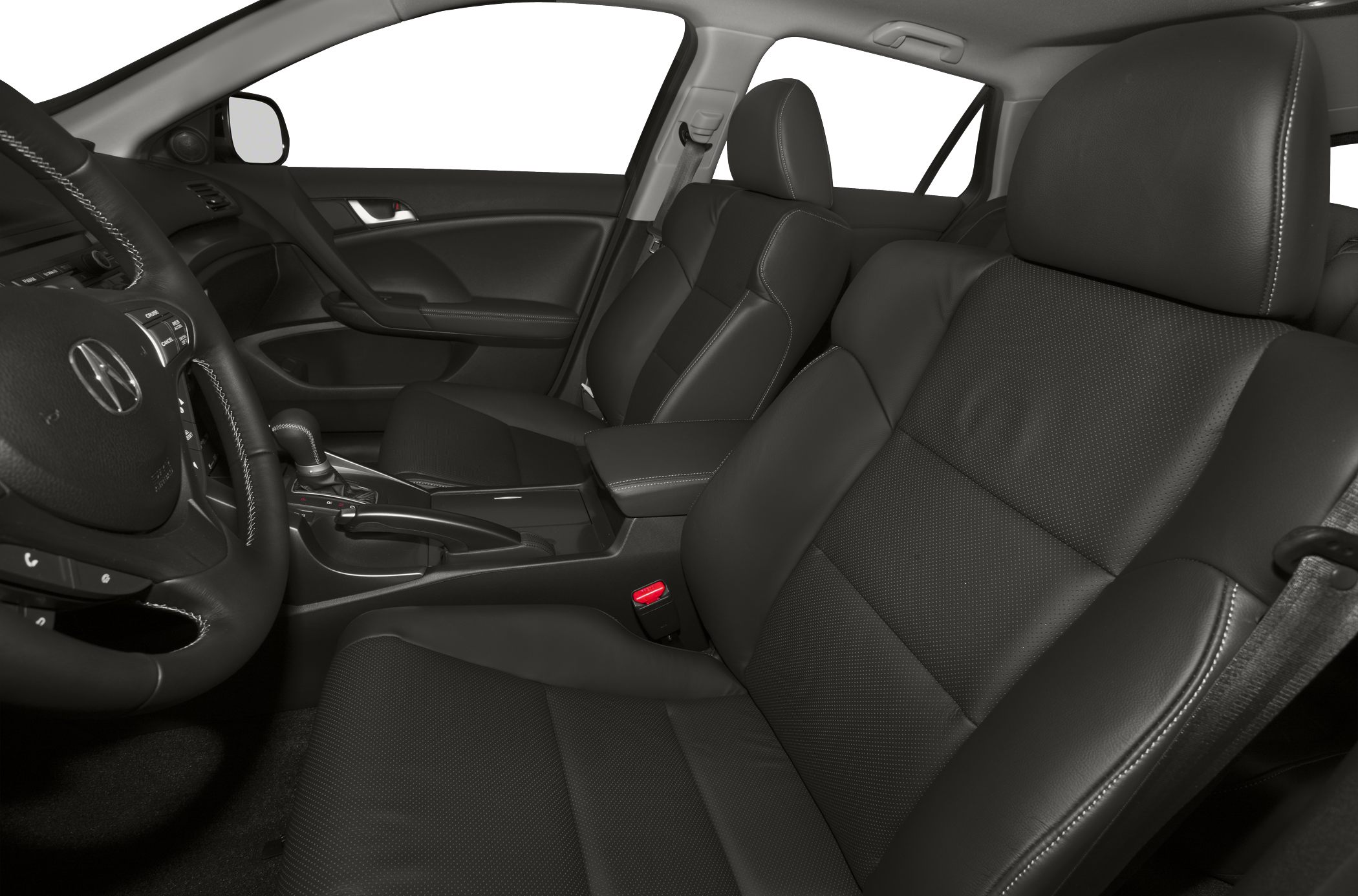Luxury leather front seats with detailed stitching and ergonomic design.