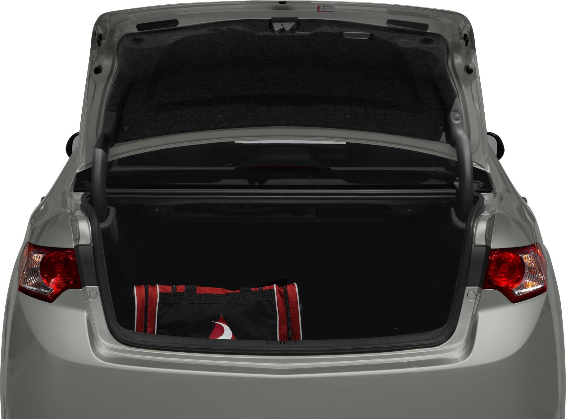 Open rear trunk with black and red bag inside