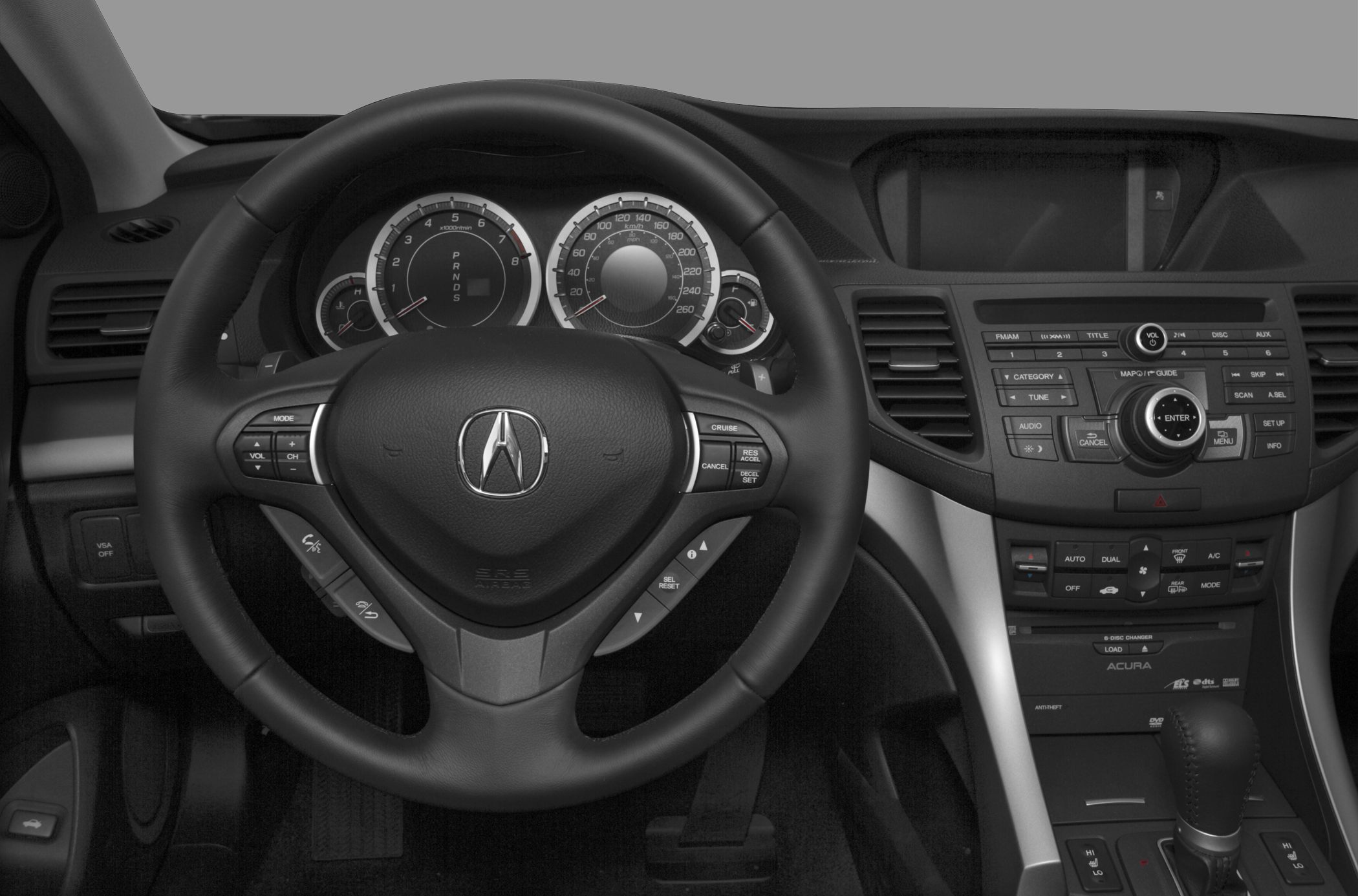 Multifunction steering wheel and dashboard with instrument cluster and control panels