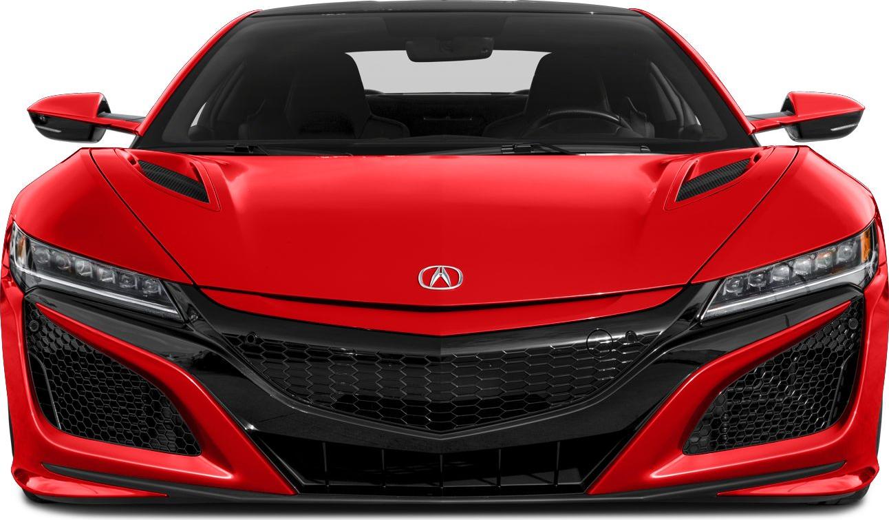 Front view of a red sports car with LED headlights and aerodynamic vents
