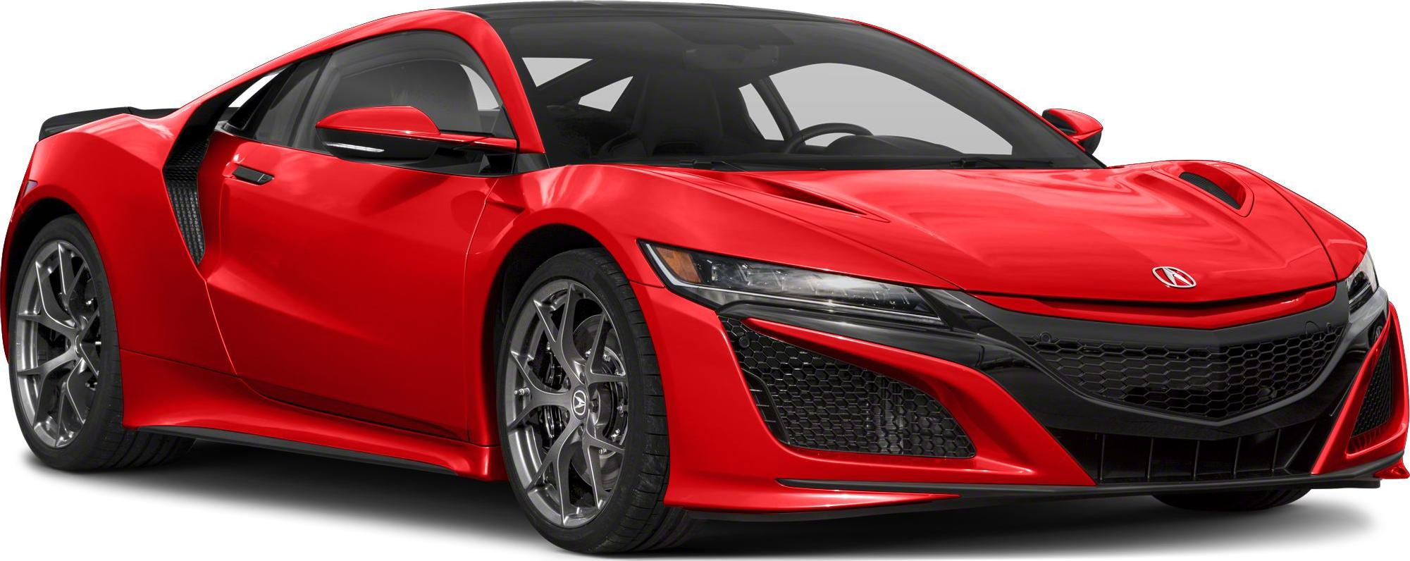 Red mid-engine coupe front with sharp headlights and hexagonal grille