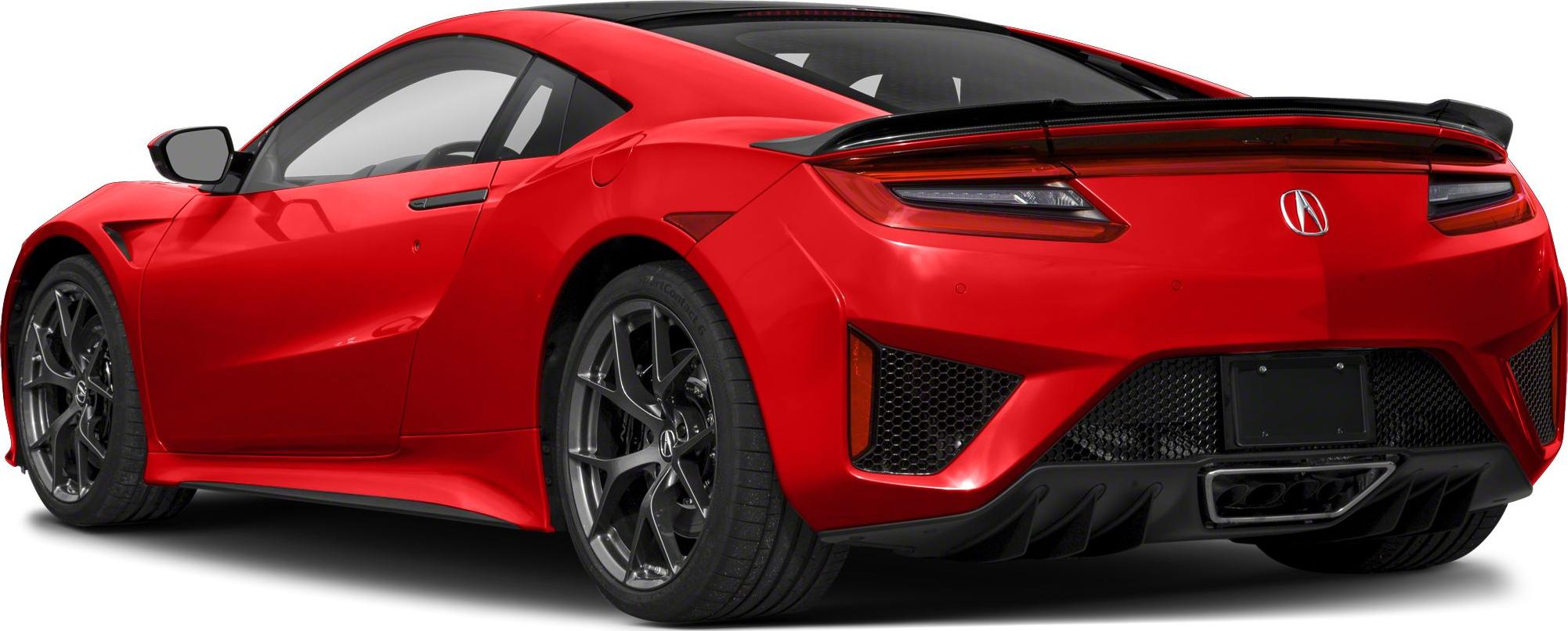 Rear and side profile of a red sports coupe with detailed taillights and diffuser