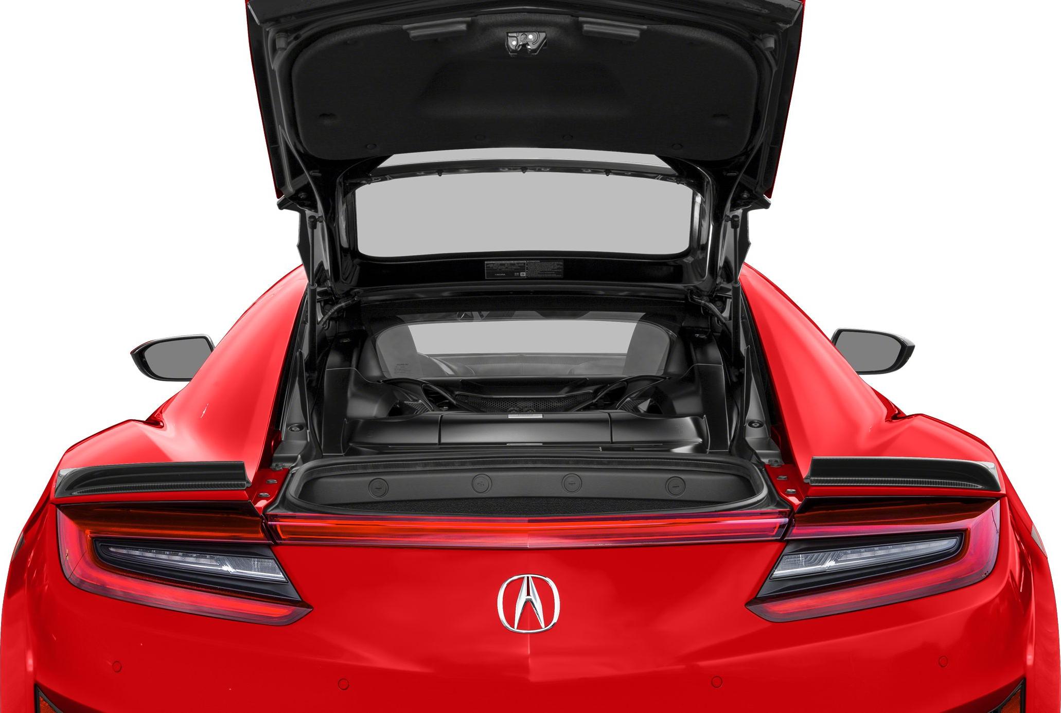 Rear view with open engine bay and taillights of a sports car