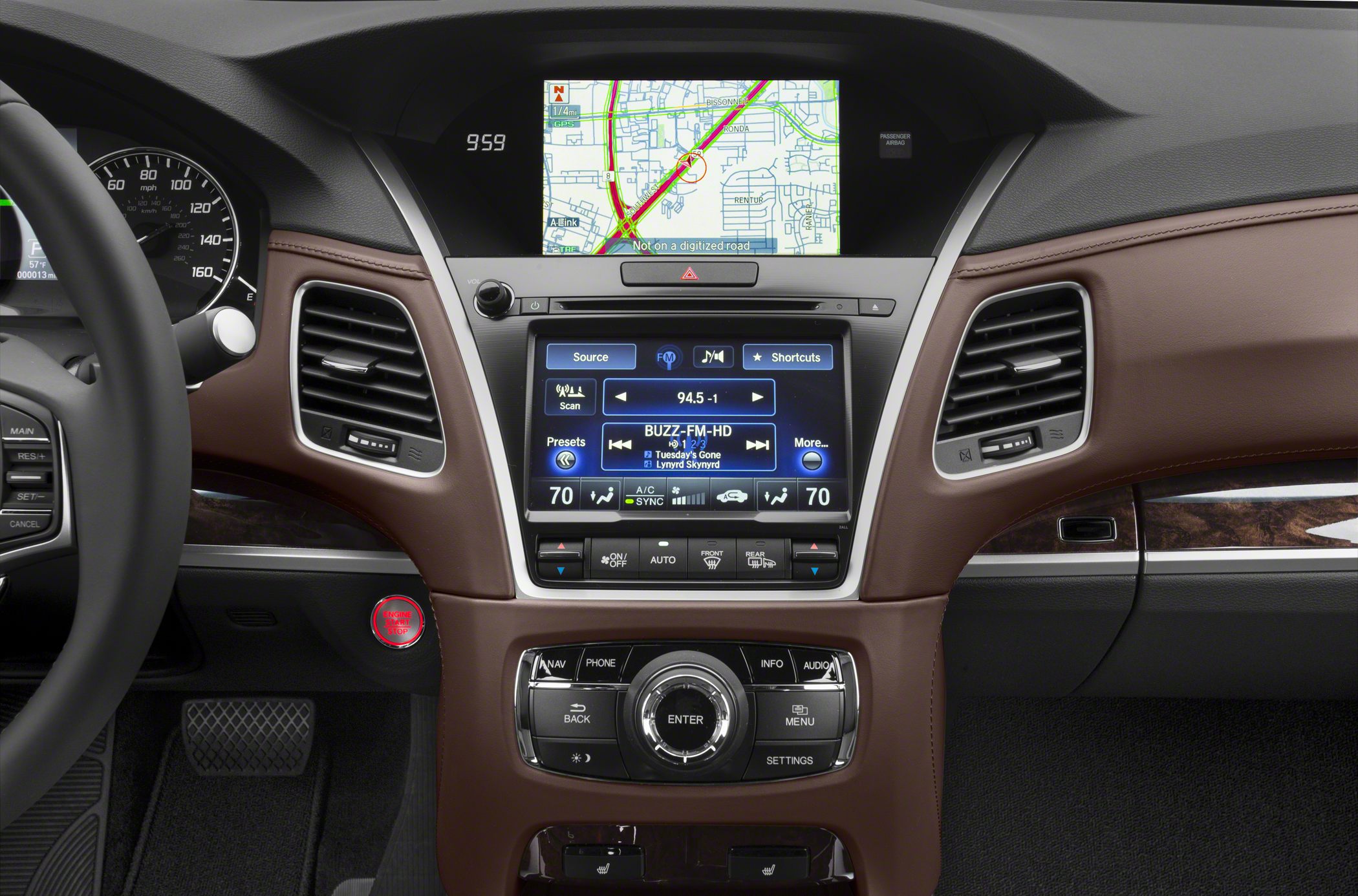 Dual-screen navigation and audio center console with climate controls