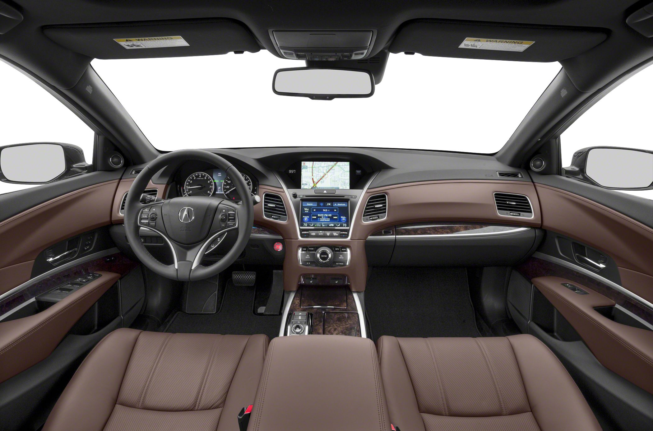 High-tech dashboard with dual screens and brown leather seats