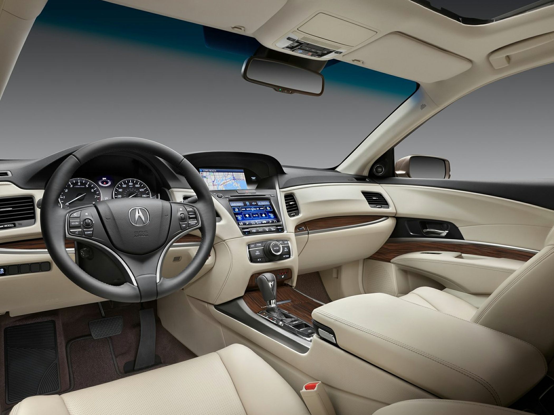 Leather steering wheel, infotainment system, navigation display, beige luxury interior