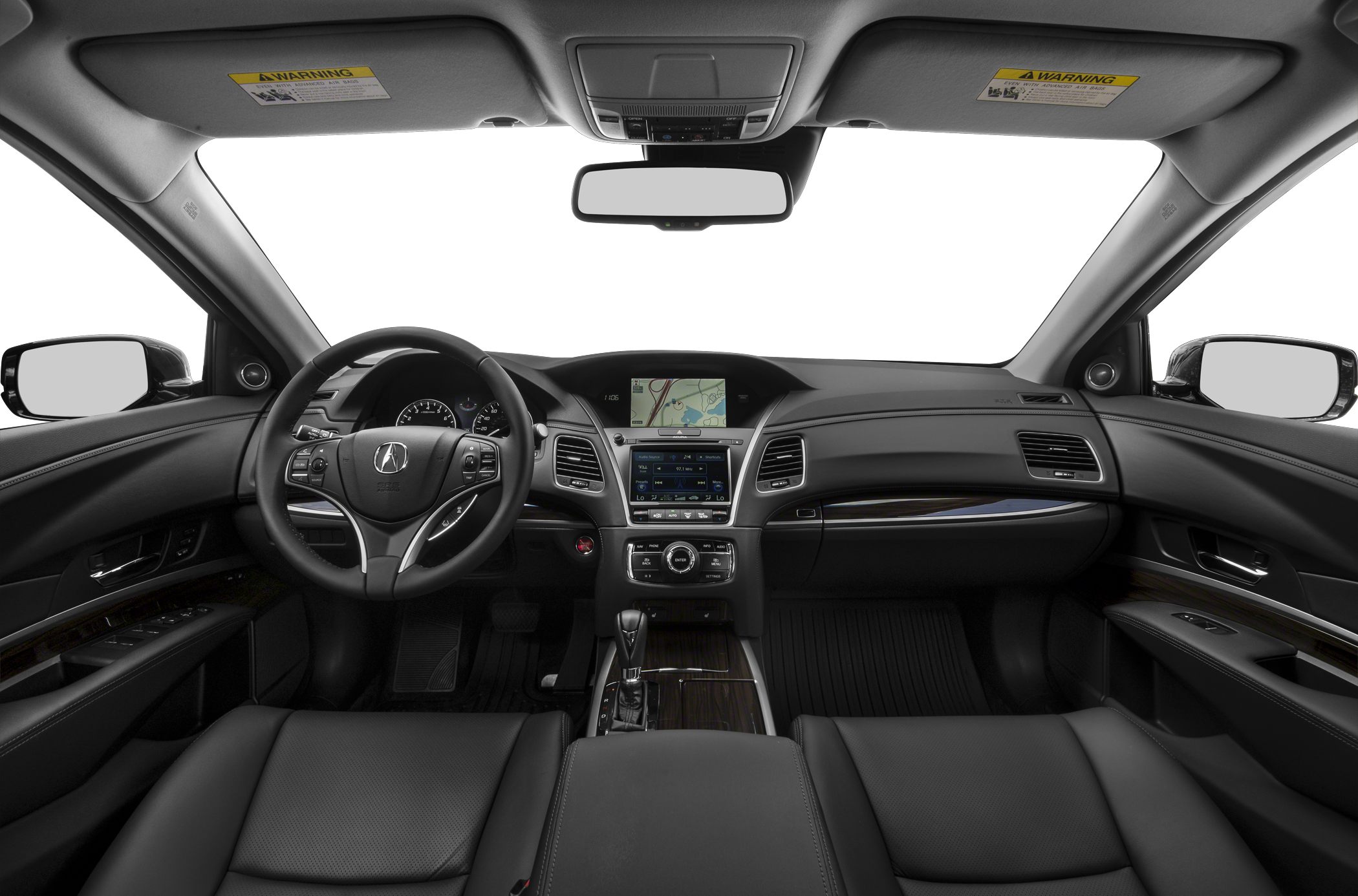 Interior view showing dashboard, steering wheel, and dual touchscreen infotainment system.