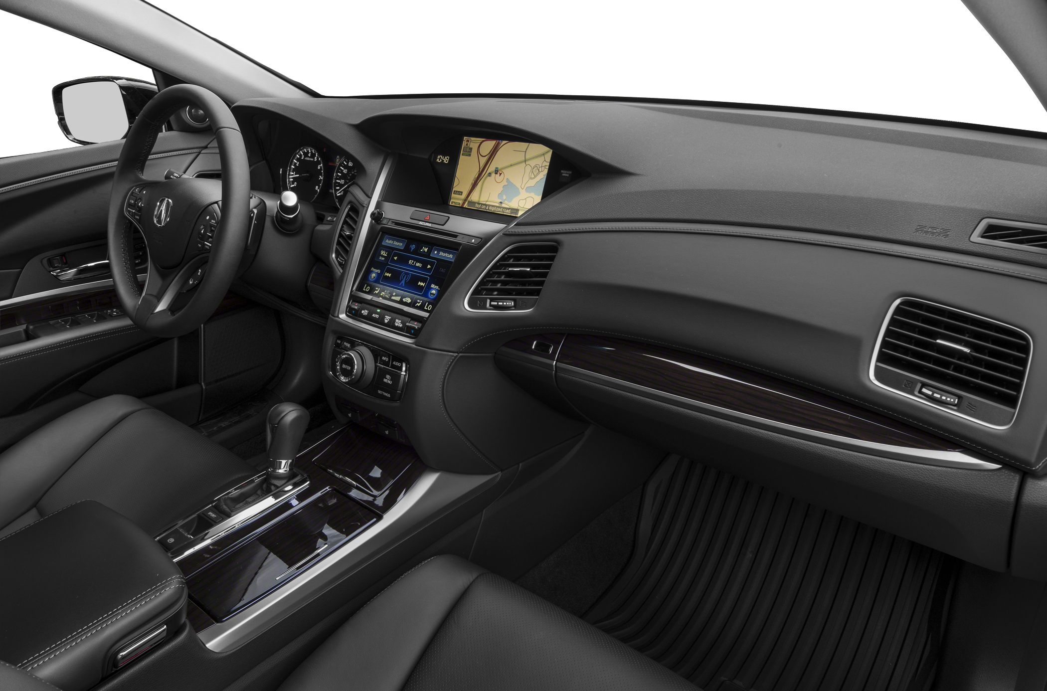 Dashboard with infotainment and navigation, center console with wood trim and gear lever