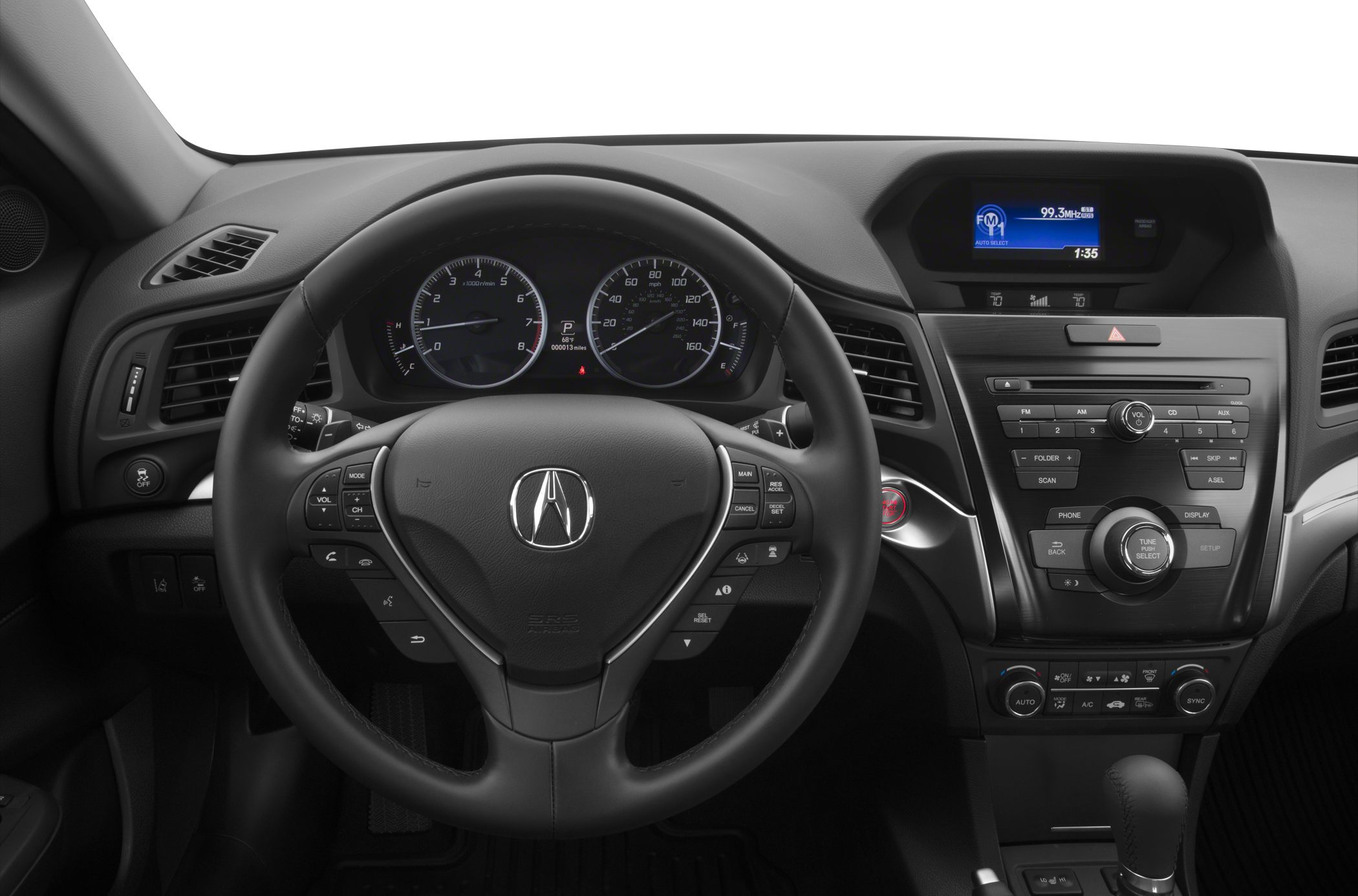 Steering wheel and dashboard with instrument cluster and center console controls