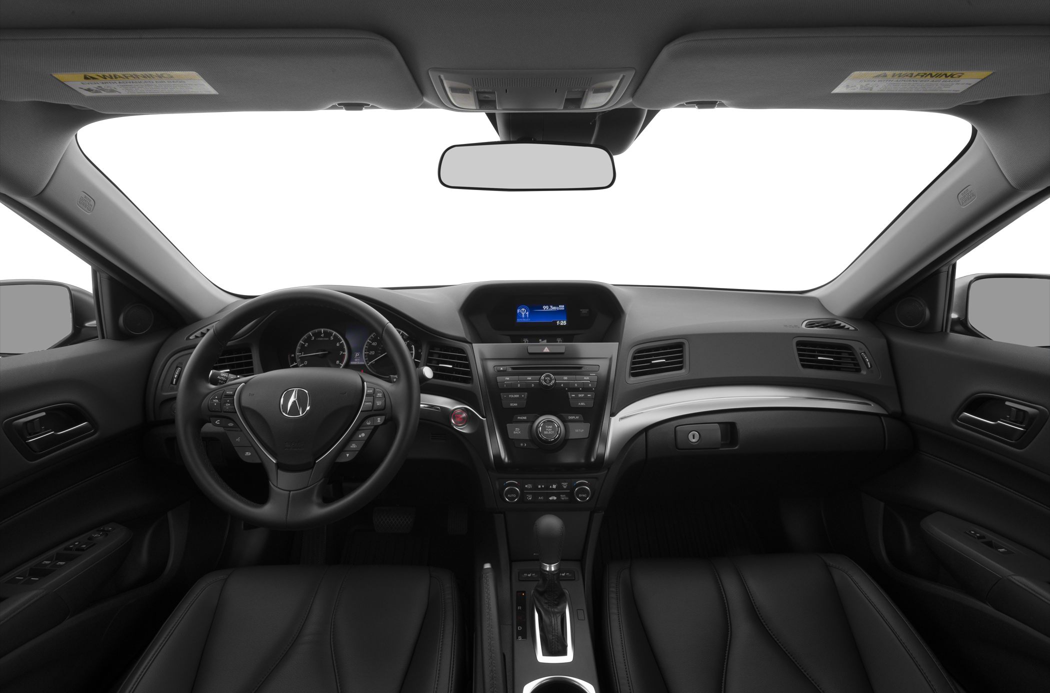 Dashboard, steering wheel with controls, and center console interior view