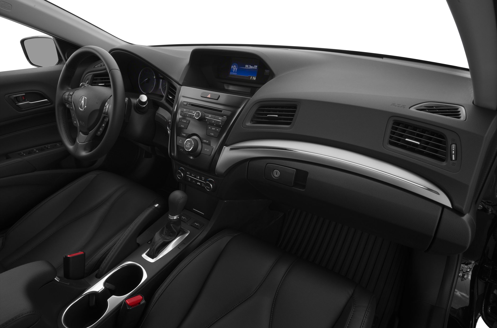 Dashboard and center console with steering wheel and seats