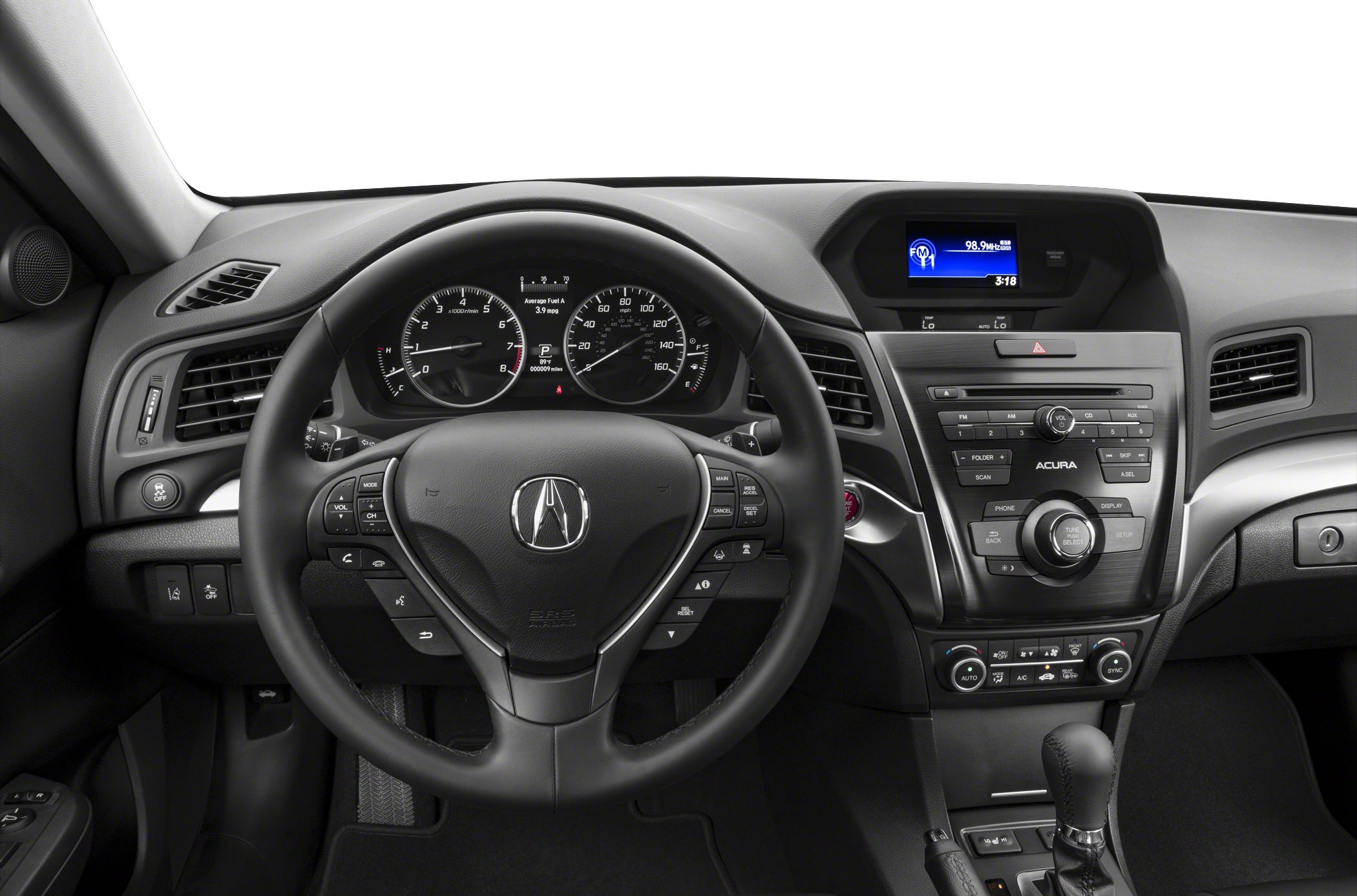 Steering wheel, instrument cluster, and center console with controls