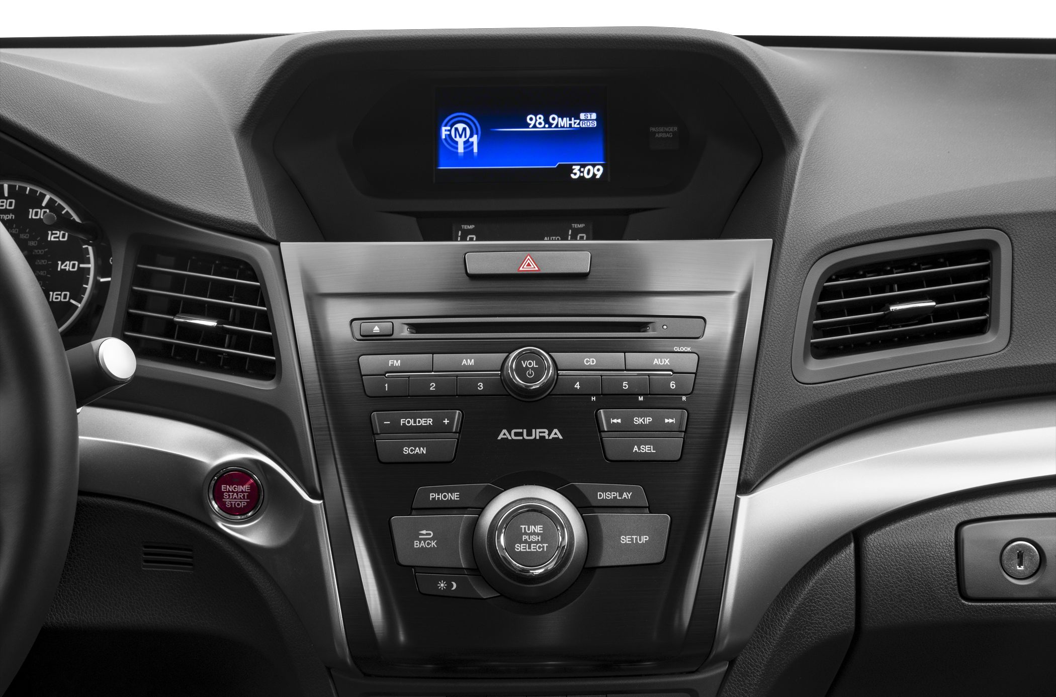 Central control panel with infotainment screen and engine start button.