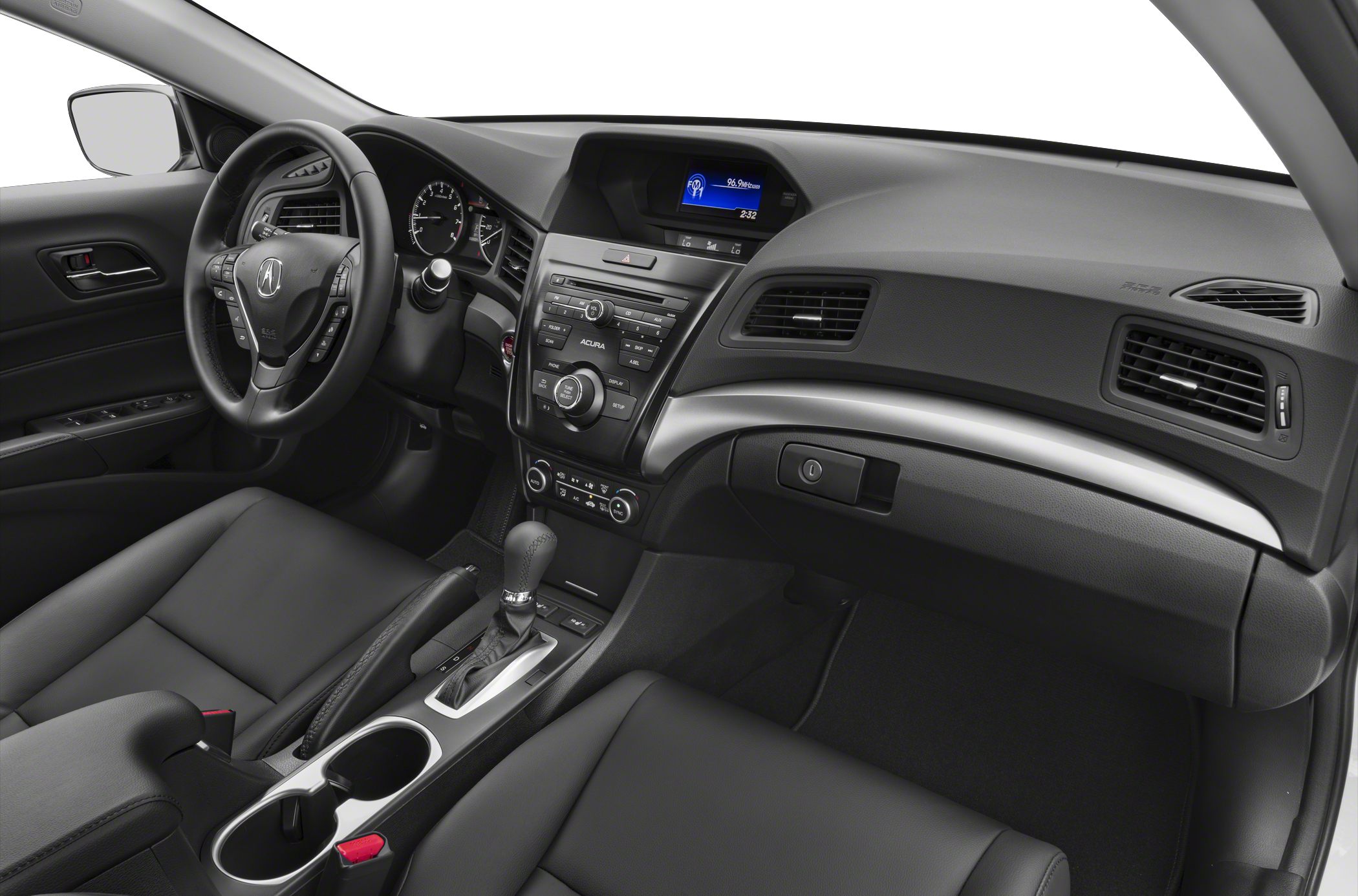 Modern car interior with dashboard, steering wheel controls, and central console