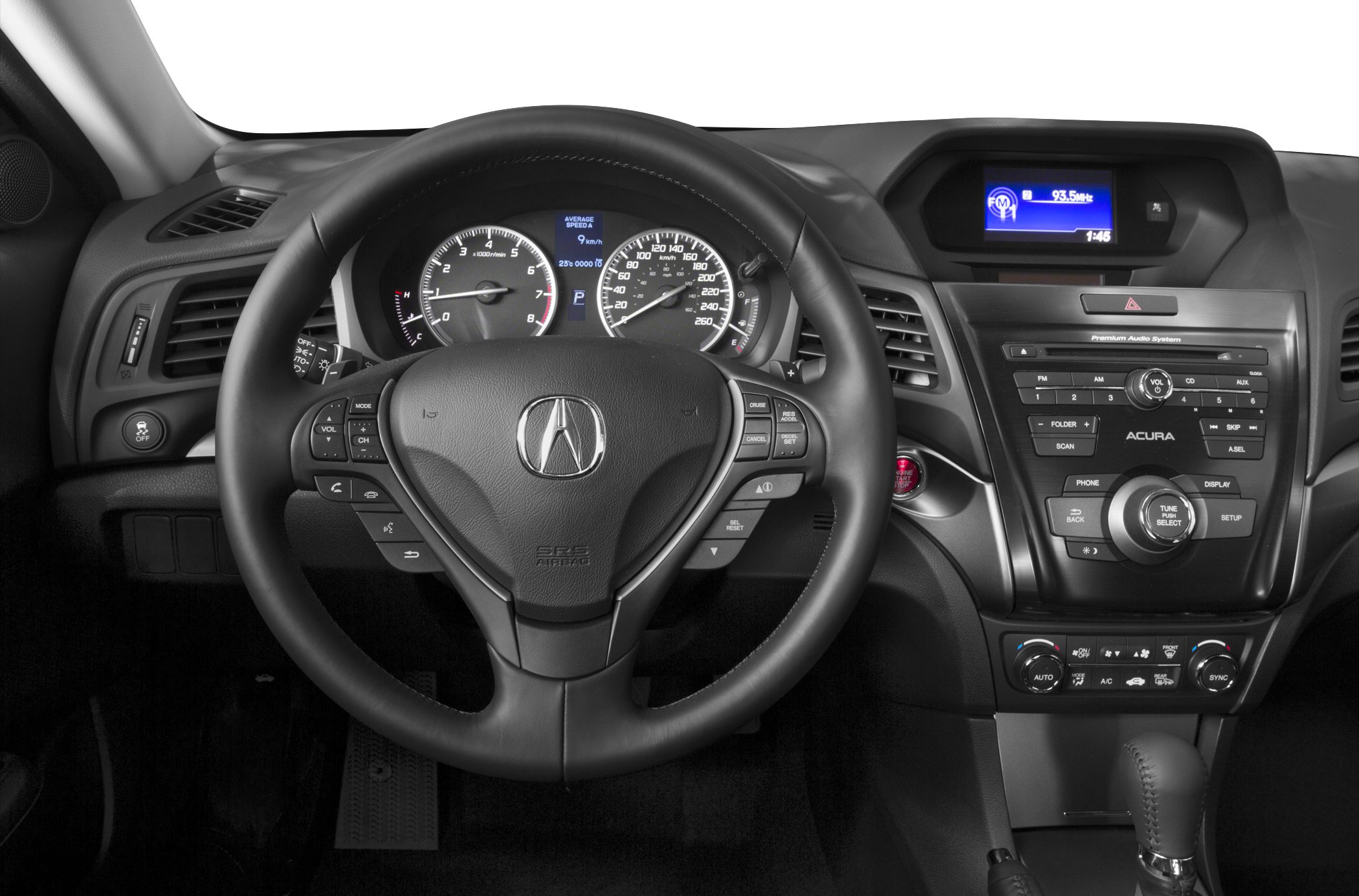 Steering wheel, instrument cluster, and dashboard controls in a car interior
