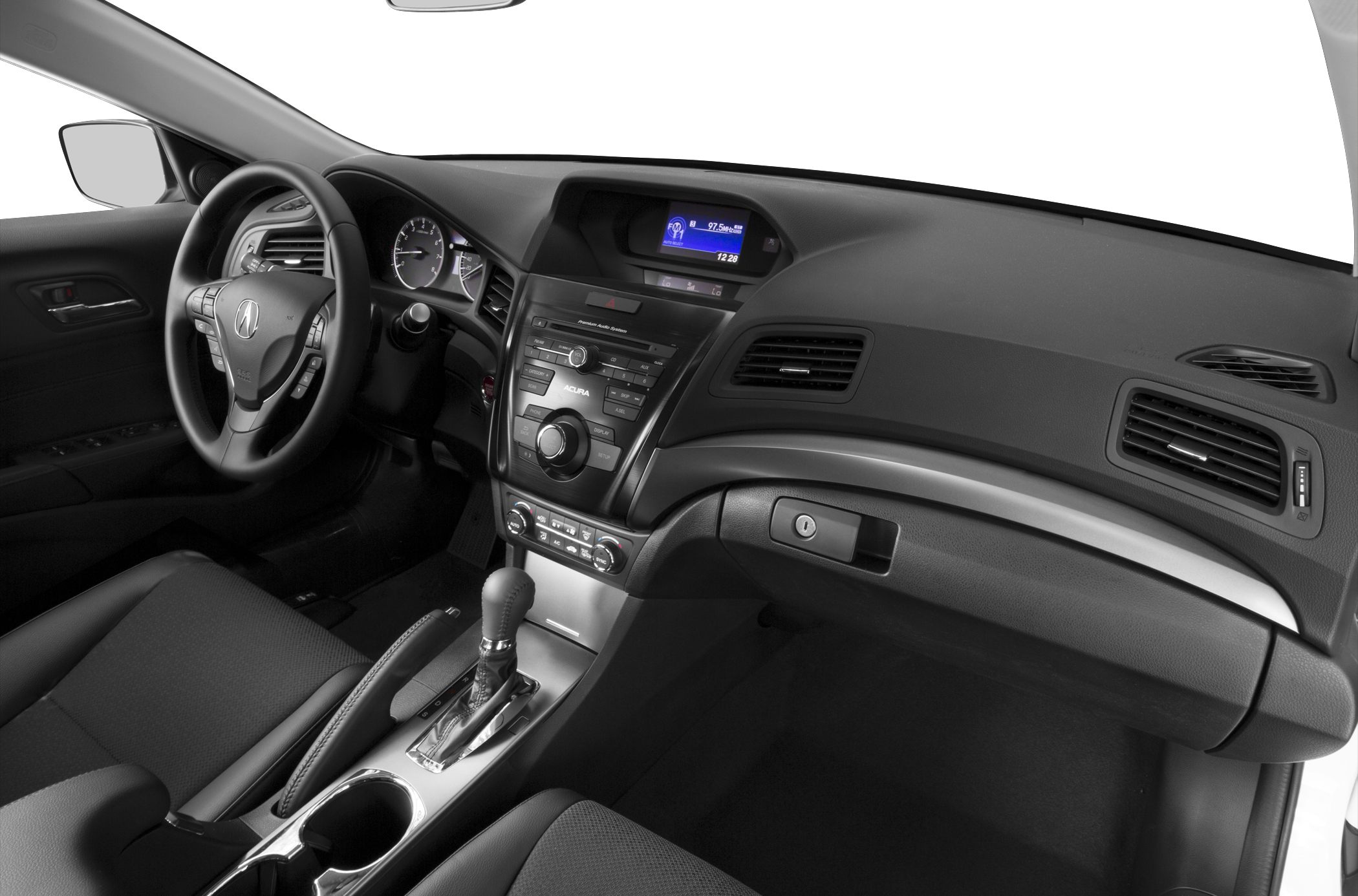 Interior dashboard and center console with steering wheel and gear shifter